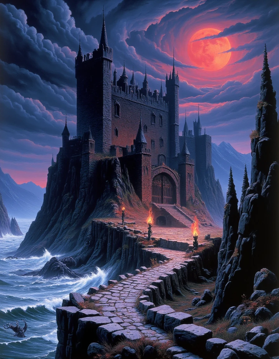 <lora:80s_dark_fantasy:1>,Dark fantasy scene in the 1980s style, depicting an ancient, haunted castle perched atop a jagged cliff, with dark clouds swirling ominously overhead. The castle is a massive, gothic structure with tall, spiked towers and crumbling stone walls, covered in vines and moss. Flickering torches line the winding path leading up to the heavy, iron gate, which stands partially open, inviting and foreboding. A blood-red moon hangs low in the sky, casting an eerie light over the landscape. Below the cliff, turbulent seas crash against the rocks, with dark, shadowy creatures lurking just beneath the waves. The scene is filled with a sense of dread and mystery, with deep shadows and muted colors, dominated by dark blues, purples, and reds. The style is reminiscent of 1980s fantasy book covers or heavy metal album art, with a strong emphasis on the ominous and the supernatural.