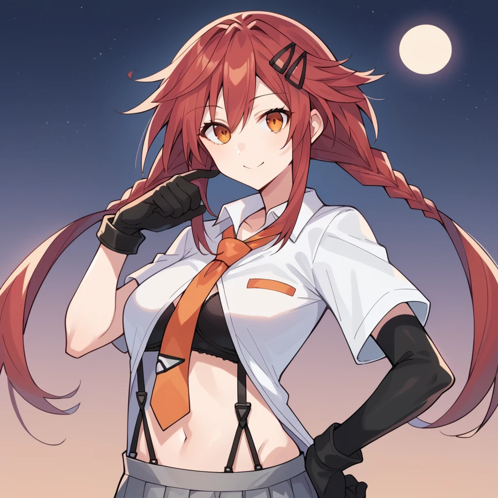 score_9_up, score_8_up, score_7_up, source_anime, masterpiece, best quality, 1girl, solo, Uzume, Uzu_def, moon light, starry sky, night sky, standing, looking at you, hand on hip, angled shot, from side, upper body, face focus, confident smile, red hair, long hair, black hairclip, orange eyes, twintails, white shirt, twin braids, open shirt, orange necktie, black bra, suspenders, short sleeves, white sleeves, black gloves, striped gloves, asymmetrical gloves, elbow gloves, pleated skirt, suspender skirt, grey skirt, midriff, navel, mature body, dynamic cowboy shot, outdoors, sky clouds background