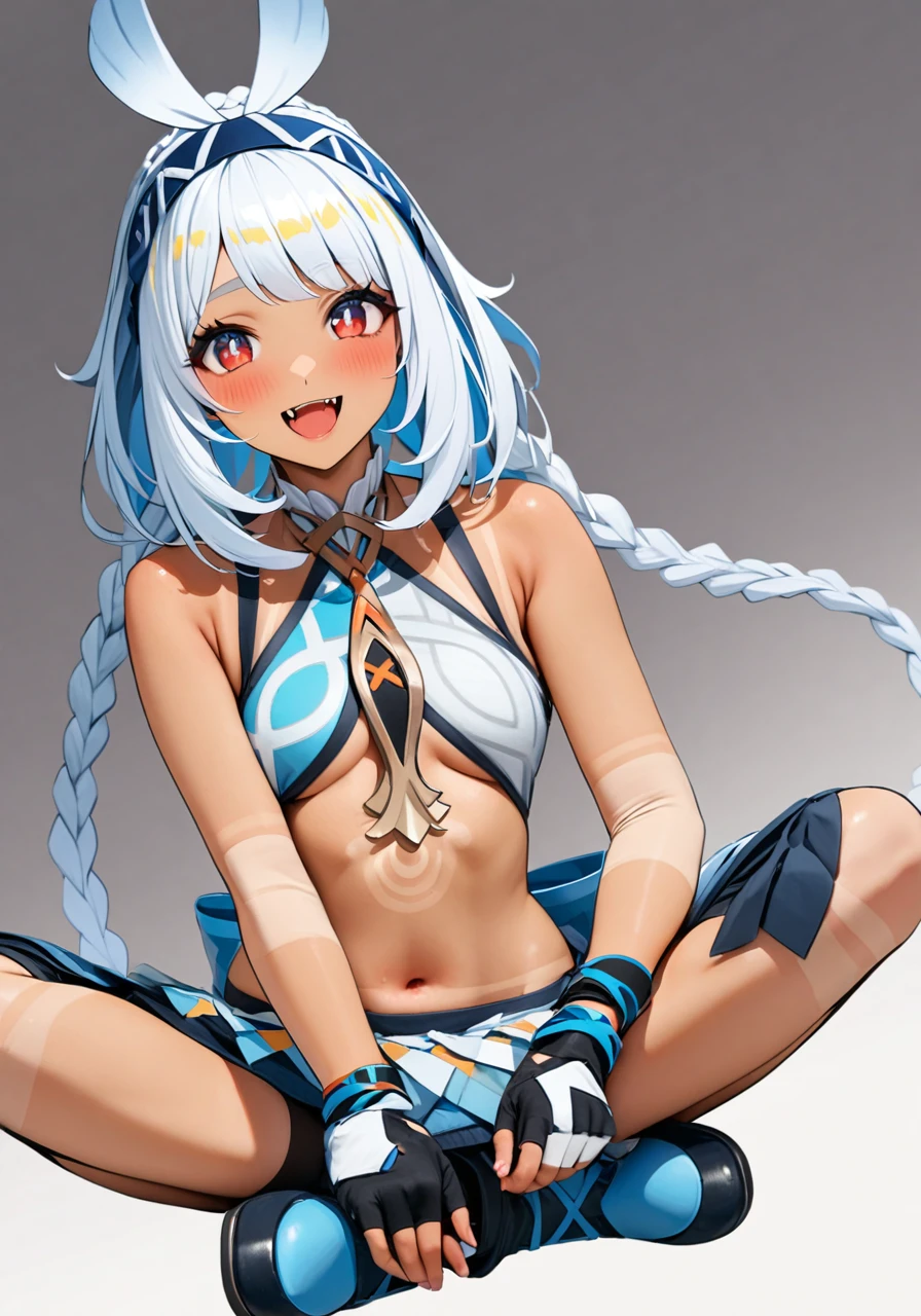 masterpiece, best quality, <lora:muarani-xl:1>,  <lora:a31cosv2_last:1>,
muarani, 1girl, solo, braid, long hair, sitting, twin braids, gloves, open mouth, white background, fingerless gloves, smile, simple background, tan, white hair, very long hair, blue footwear, red eyes, dark skin, :d, skirt, bangs, indian style, full body, midriff, blush, navel, blue hair, hairband, dark-skinned female, bare shoulders, tanlines, twintails, crop top, fangs, black gloves, symbol-shaped pupils