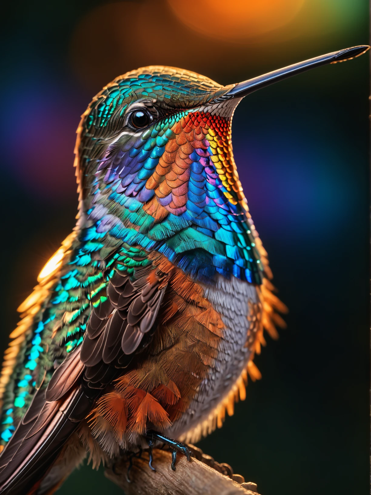 intricate diorama, photorealism, (macro photography), intricate details, extremely detailed, masterpiece, outstanding intricacies, best quality, hires textures, high detail, incredibly detailed, cinematic lighting, a single colorful tiny hummingbird at twilight. a closeup on the face, a holographic digital style image captures the hummingbirdâs face, head tilted slightly. The hummingbird, with iridescent feathers reflecting the fading light, adds a soft glow. Its precise location within the scene remains elusive, warm light. This conveys the tranquility of a fleeting twilight moment, intricately detailed, true masterpiece, studio quality overall detail, painstaking attention to details, uhd, centered subject, centered image, close up, macro, washed out bokeh background, <lora:Everything_Iridescent:1>