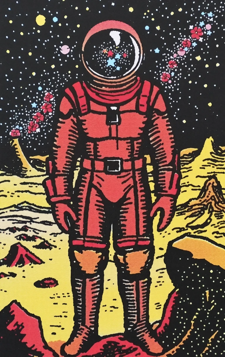 trtcrd A fearless space explorer in a sleek spacesuit, standing on an alien planet, with a distant galaxy visible through the visor of their helmet.