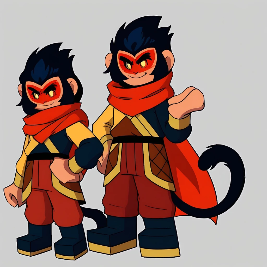 liuer mihou, black hair, mask, yellow sclera, red scarf, red cape, boots, full body, smile, monkey tail