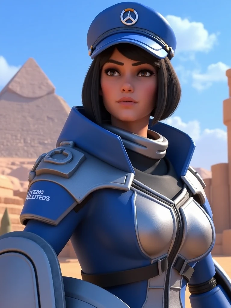 <lora:OverwatchCinematicStyle-guy90-FluxV1:1>, Overwatch Cinematic Style, of a strong and confident woman wearing a futuristic, blue and silver police uniform, including a matching cap. She has dark hair and a serious expression, holding a large shield. In the background, there are ancient pyramids under a clear blue sky, blending the themes of ancient and modern. The scene combines elements of both historical architecture and futuristic design, emphasizing strength and authority