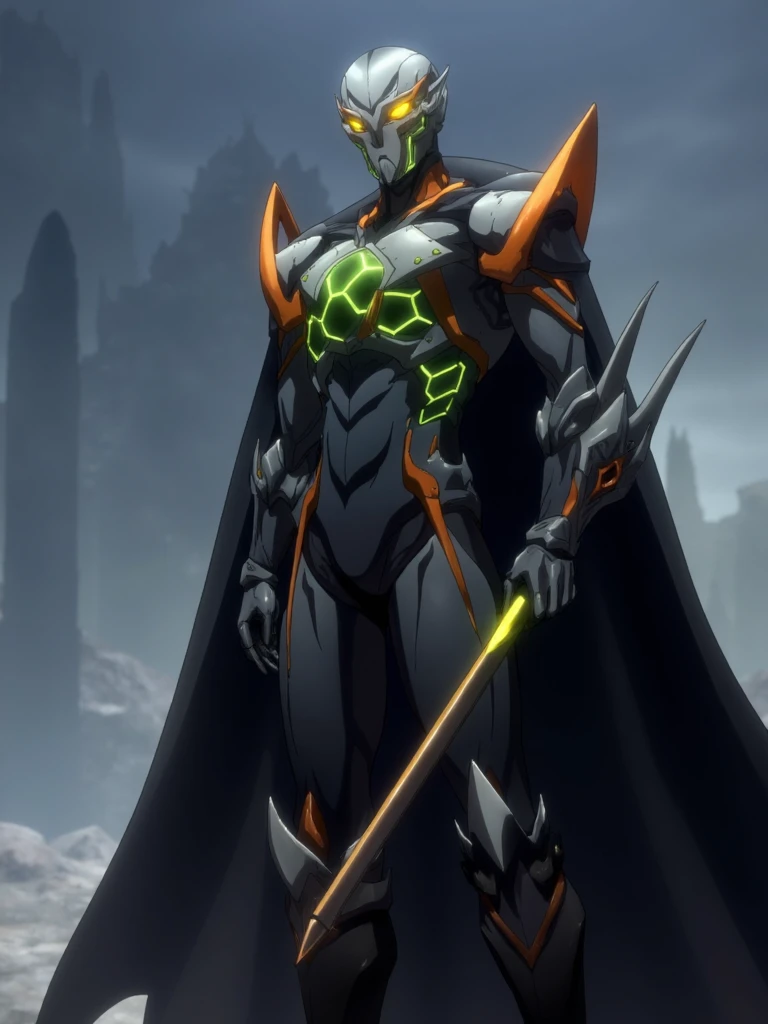 ntflxcstlvn style, anime screencap, Depicts a futuristic armored figure standing in a poised stance. The figure is adorned in a sleek dark suit with orange and silver accents complemented by a helmet with a visor that obscures the face. The suit is equipped with advanced technology including glowing green hexagonal patterns on the chest and arms. The figure wields a long slender weapon with a yellow light at its tip. The character's attire is complemented by a long flowing cape that drapes over the figure's shoulders adding a sense of movement to the technologically advanced setting,  <lora:SXZ_Castlevania_Flux:1>