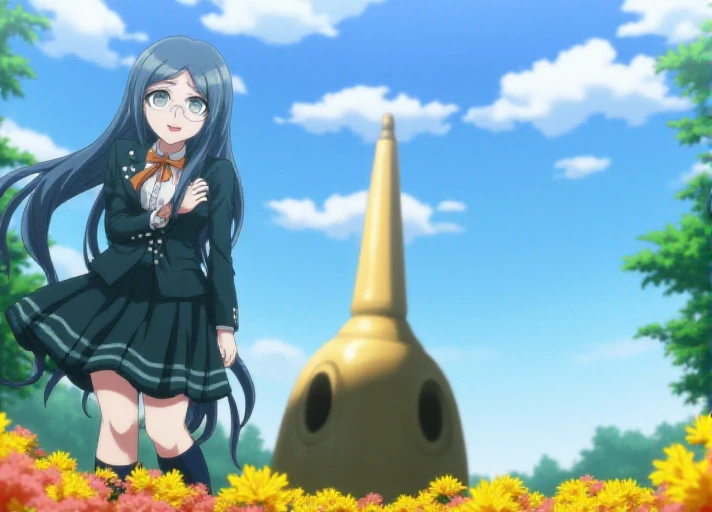 <lora:Tsumugi_Shirogane:1.3> This anime screencap is from Danganronpa the Animation. Tsumugi Shirogane wearing her uniform from Danganronpa V3. Tsumugi Shirogane has knee-length teal-blue hair parted in the center which is straight and smooth at the base and gradually splits into waves near the tips. Her eyes are large, round, and are a soft teal-green color. Tsumugi wears round, rimless glasses with white temples. Tsumugi's Danganronpa V3 school uniform consists of a white blouse with an orange bow tied at her collar underneath a two-button, pocketed, teal-black school blazer adorned with two silver buttons on each lapel and a single button on each gorge. She wears a knee-length teal-black pleated skirt with two dark teal stripes lining the hem. Her legwear consists of dark navy knee-length socks and teal-gray loafers. Tsumugi has a nervous expression.  The setting is Jabberwock Park. The background features a bright blue sky with a few white clouds and a large golden statue in the background. There are some trees surrounding her and the statue and a bed of yellow and pink flowers at the very bottom of the screen.