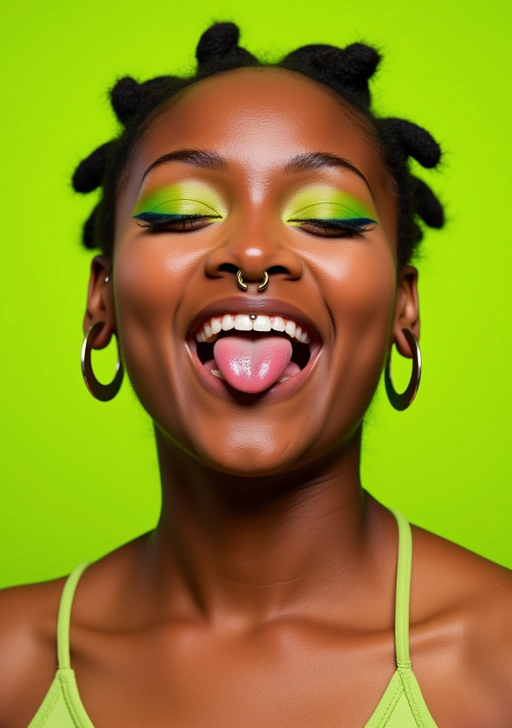 A vibrant portrait of a joyful young woman with medium skin tone, featuring bantu knots hairstyle. She is playfully sticking out her tongue, while her eyes are closed. She has a small gold ChunkySeptum piercing in her septum. The makeup is bold, with bright green eyeshadow that contrasts with her skin tone. She wears large hoop earrings, and the background is a solid lime green color, which enhances the overall vibrant and fun atmosphere of the image. The lighting is soft, highlighting her facial features and makeup.
