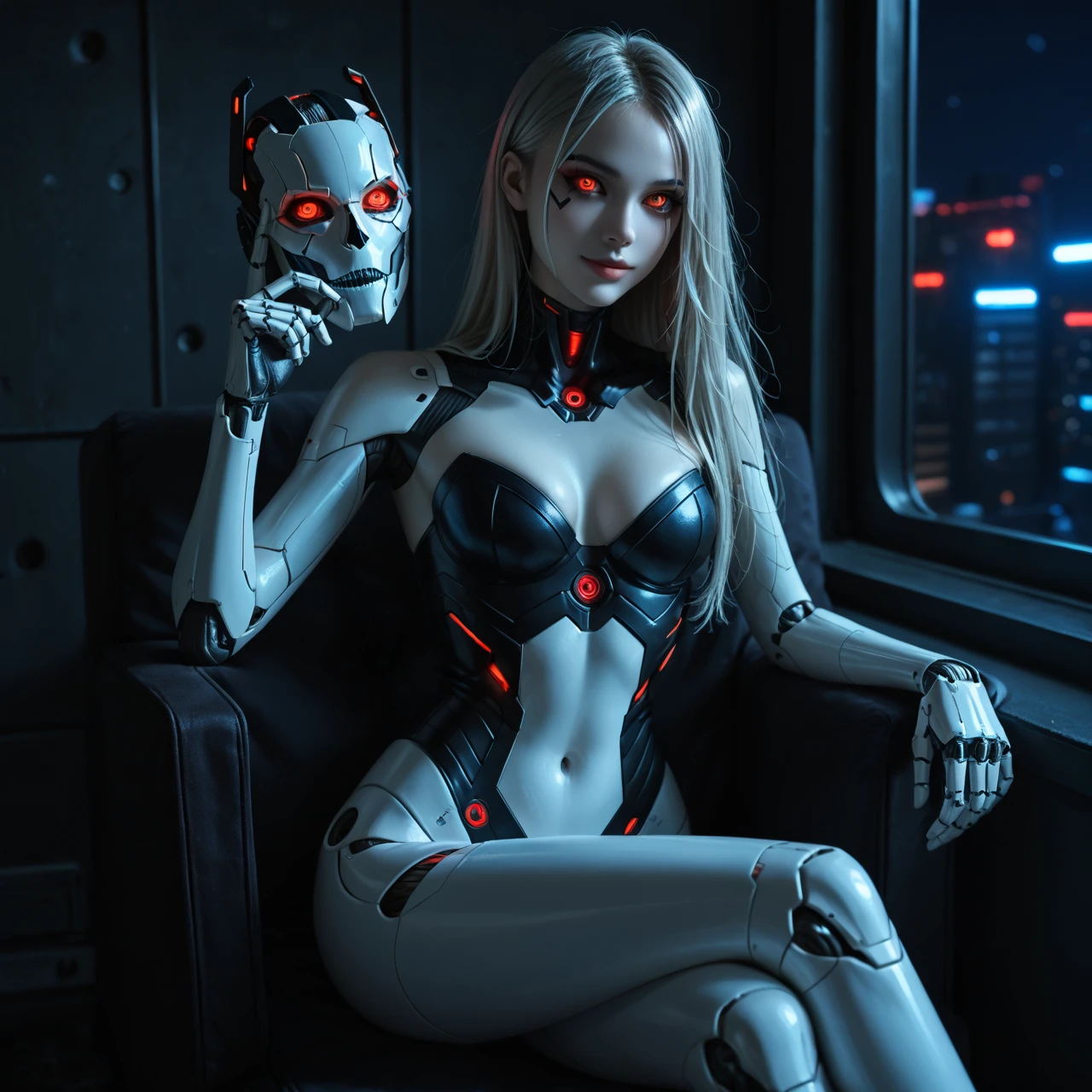 score_9,score_8_up,score_7_up,looking_at_viewer,face_focus,
1girl,(robot_body,mechanical_body,ceramic_body,white_skin,body_glowing:1.2),supermodel,perfect_face,oval_face,beautiful,temperament,feminine_charmsexy,beautiful_eyes,bishoujo,sitting_on_chair,crossed_legs,beside_window,villainous_smile,holding_mechanical_mask,sexy_pose,white_hair,long_hair,body_glowing,red_eyes,wide_hips,slim,skiny,narrow_waist,perfect_face,sexy,cyber,future_world,mechanical_room,neon_lights,on_bed,night,late_at_night,darkness,neon_lights,