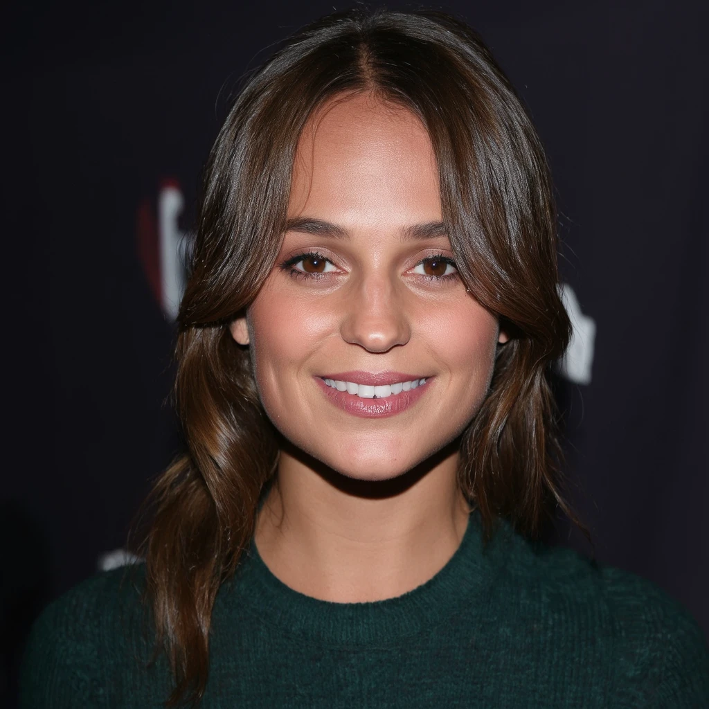 alicia_vikander The image shows a woman with long brown hair wearing a green sweater against a dark background, captured in a close-up portrait.