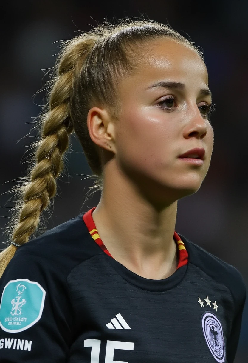 a close-up photo of giuliagwinn playing in a soccer match. Her long blonde hair is tied to a braided ponytail. She is sweating, her lips are apart. She is wearing a black and white shirt of the German national soccer team displaying the number \"15\" and her name \"Gwinn\". The scene is lit by harsh stadium light at night. 