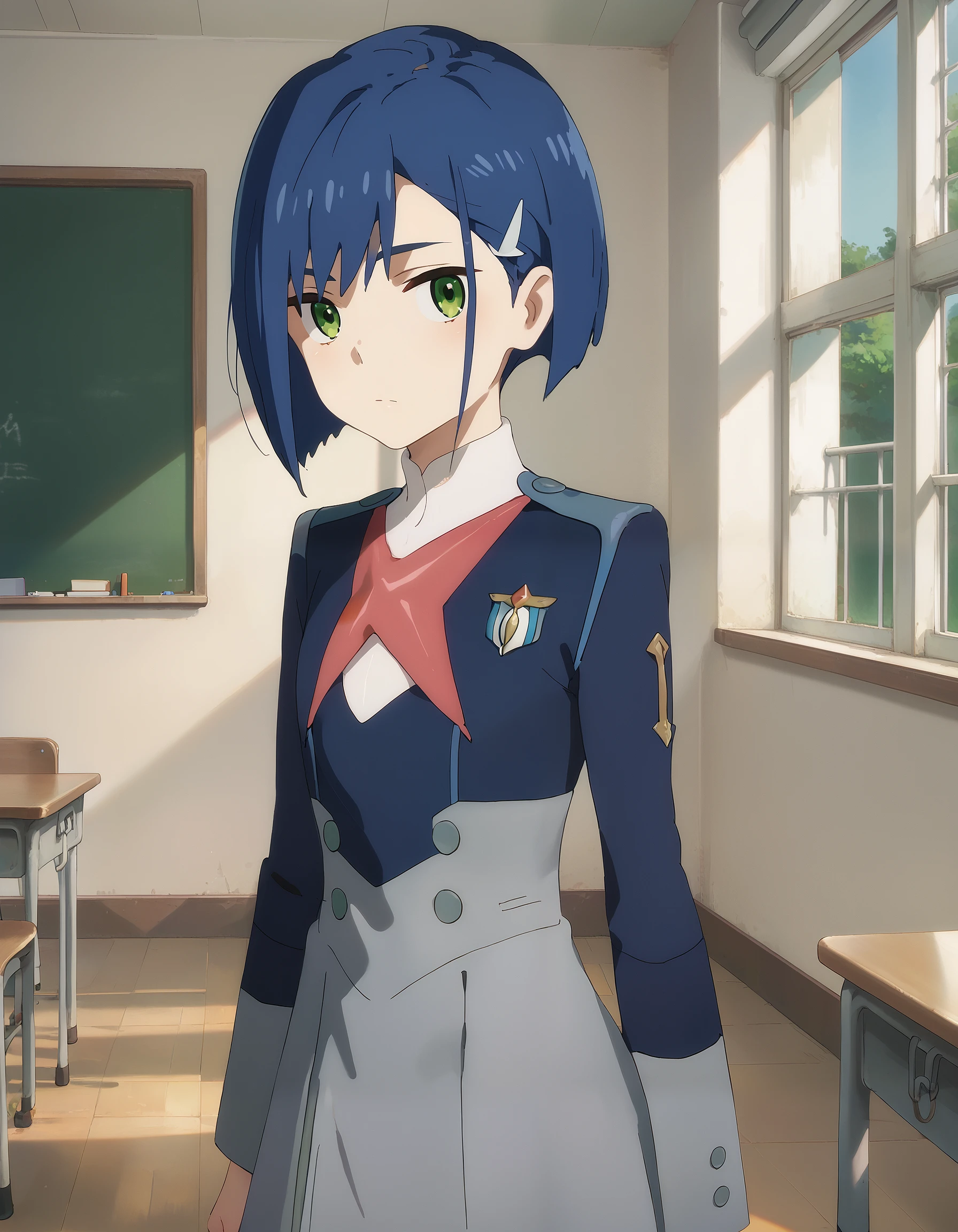 score_9, score_8_up, score_7_up, source_anime, masterpiece, best quality, perfect anatomy, very aesthetic, absurdres, 1girl, solo,

ichigo_franxx, blue hair, short hair, hairpin, green eyes,
military uniform, white blouse, two tone jacket, gray and blue jacket, gray skirt,

indoors, classroom, looking at viewer, cowboy shot,