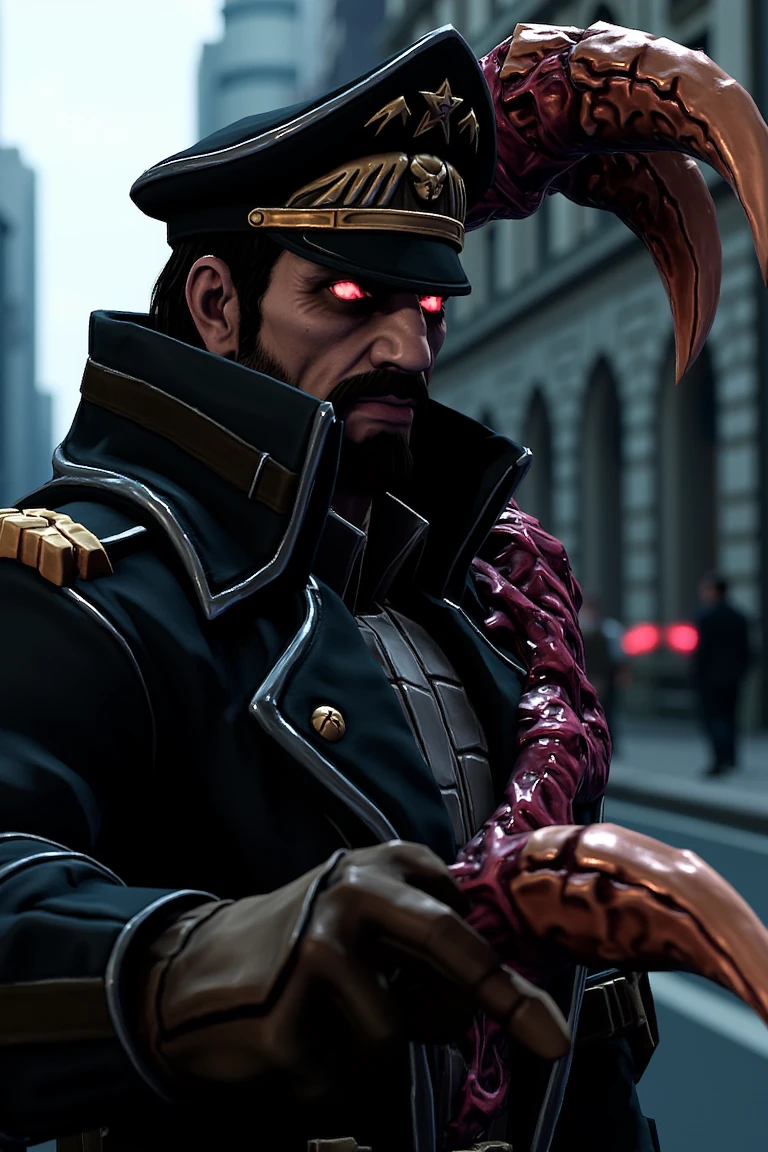 dark, Stukov, black hair, glowing eyes, he is half man and monster, depicted as a photorealistic character, black military peaked cap with gold designs, brown gloves for his right hand, left hand is mutated with dark red tentacles and yellow tipped claws, blurry outdoor street, building exterior, post-apocalyptuc theme, horror masterpiece