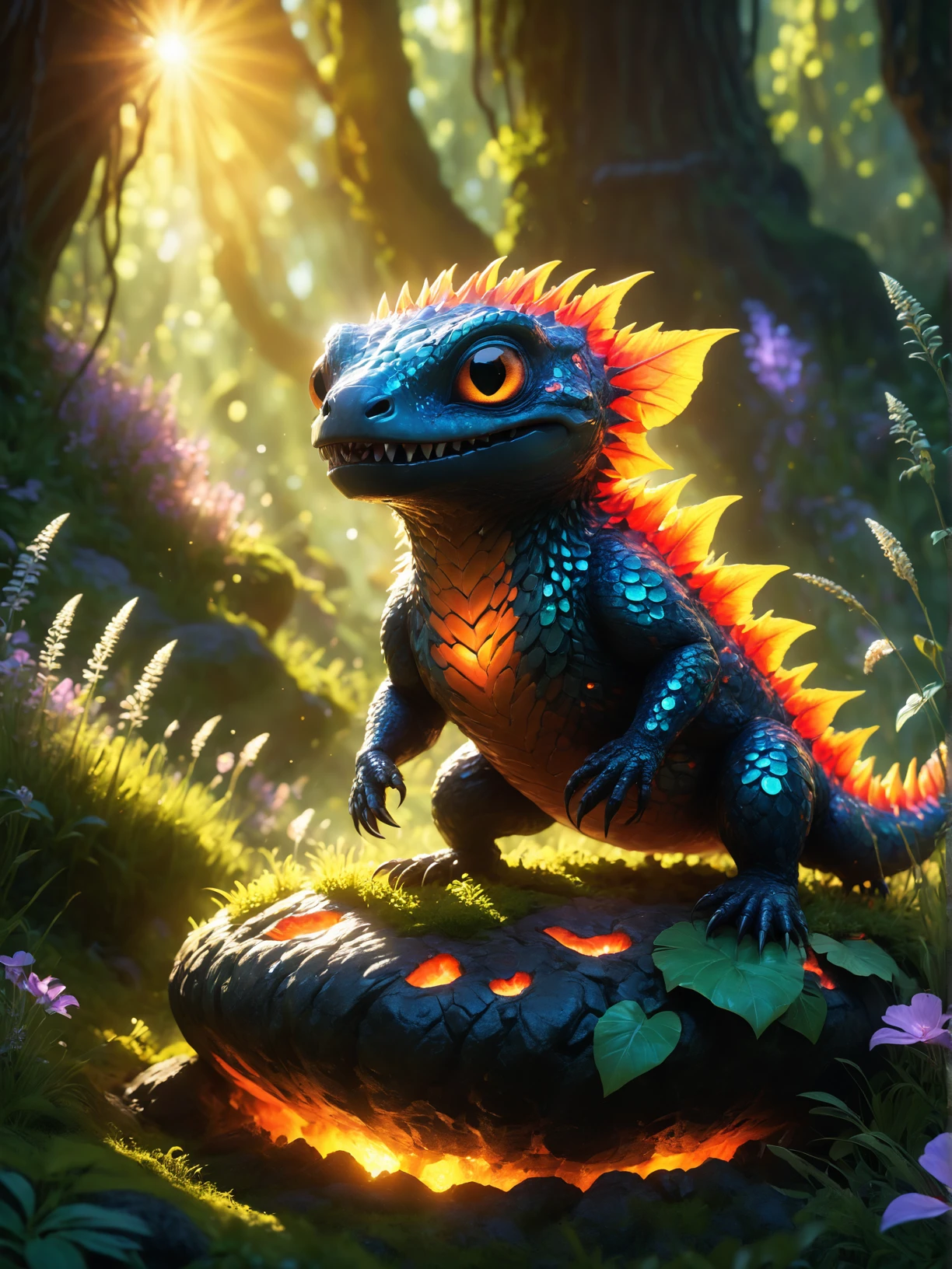 An evil, small creature with a round body covered in lava, emerging from a molten underground rift into a sun-dappled meadow. Smoke coming from flared nostrils. The creature's skin is textured, scales, with leaves and debris falling from its head. The creature is whimsical but evil and has a natural appearance. The eyes are translucent, evil and glossy. A wide, toothy grin is scary as sharp teeth protrude from the large mouth. In a bright, dreamy forest with golden sunlight filtering through the trees, illuminating the delicate wildflowers and grass that surround the creature. Photorealistic, fantastically scary touch, enchanted environment, realism, <lora:Everything_Iridescent:1>