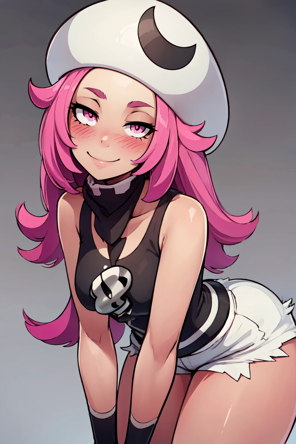 ((masterpiece,best quality)), absurdres,  BREAK, , <lora:Skull_Grunt_Pokemon:0.8>, zzSkullGrunt, pink eyes, pink hair, long hair, dark skin, white hat, bandana, sleeveless, black shirt, white short shorts, , BREAK, leaning forward, head tilt, blush,, BREAK, solo, smile, looking at viewer, cowboy shot,