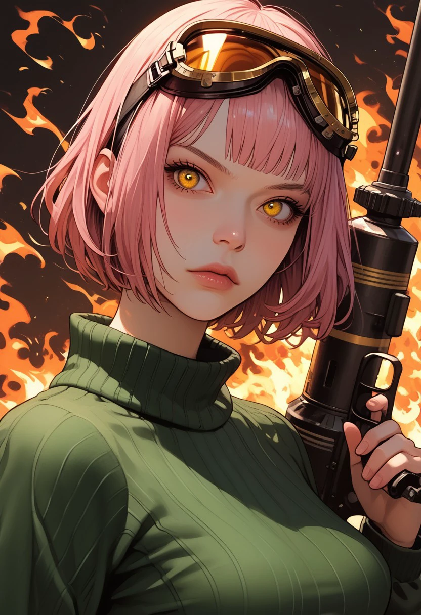 1girl, pink hair, short hair, and vintage-style goggles resting on head, googles not over the eyes. bright yellow eyes, oval face, pale skin, slim body, short high, full lips, medium breast, detailed background, 
,outdoor, standing, white miniskirt, green oversized pullover, angry, looking at viewer, holding a flamethrower, flames, shooting flames, cowboy shot, dutch angle,