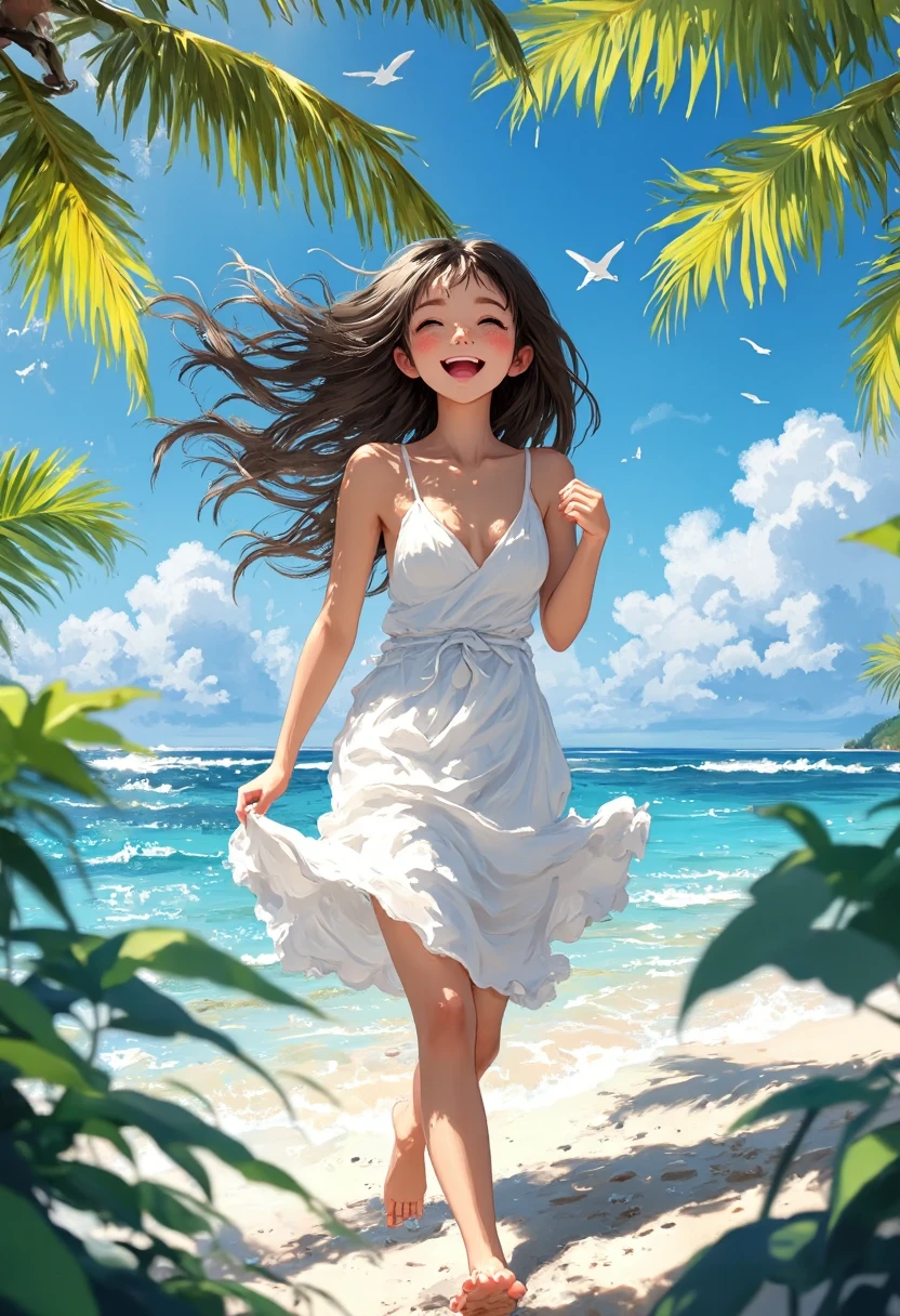 ghibli style,This is a digital illustration depicting a young woman joyfully running on a sandy beach. She has long, flowing brown hair that is slightly tousled by the wind, and her expression is one of pure delight, with a wide, bright smile. Her skin is fair, and she wears a sleeveless, white sundress with a deep V-neckline and a pleated hem that flows behind her as she runs, accentuating her carefree motion.
The background features a vibrant, clear blue sky with fluffy white clouds and a few seagulls flying overhead. The ocean waves are gentle and turquoise, with a few white caps indicating a mild breeze. In the foreground, lush green palm fronds frame the image, adding to the tropical, beachy atmosphere. The sand is golden and soft, with small footprints indicating recent activity. The texture of the illustration is smooth and detailed, capturing the light and shadows effectively, and the overall style is reminiscent of contemporary anime art with its clean lines and vivid colors.