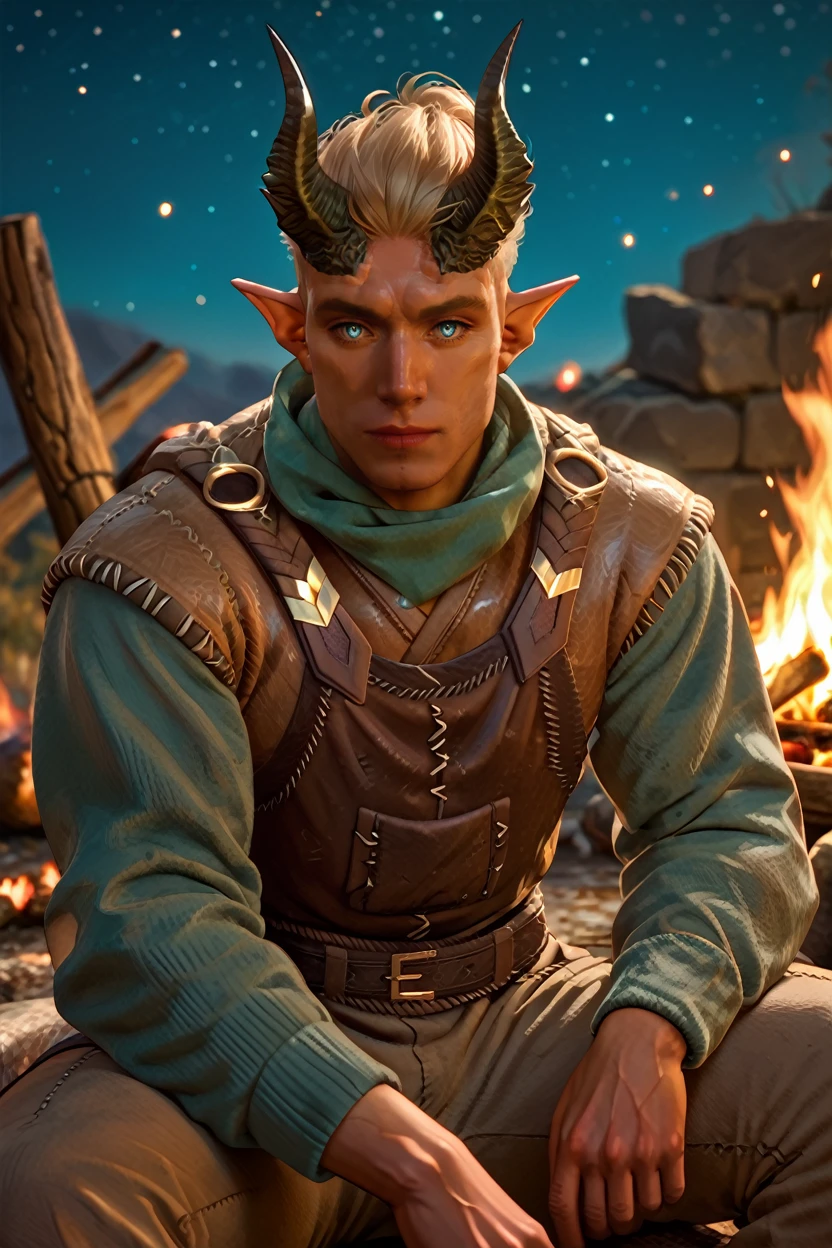 score_9, score_8_up, score_7_up, score_6_up
<lora:BGDammon:1.0>
BGDammon, 1boy, blonde hair, blue eyes, demon horns, pointy ears, looking at viewer, sitting by a campfire under the stars, wearing a rugged jacket, the glow of the fire on his face, serene and introspective mood, surrounded by nature