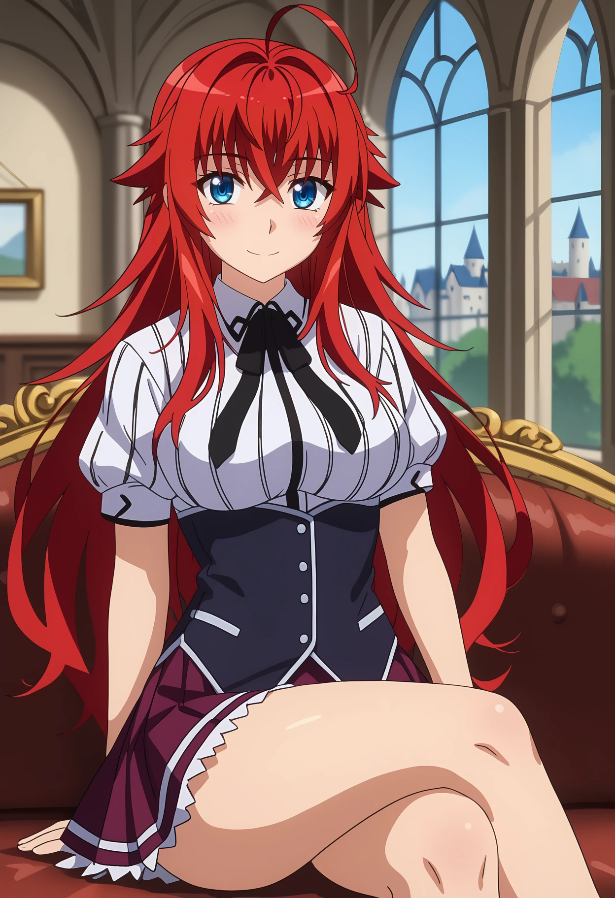 score_9,
<lora:HighschoolDxD_RiasGremoryXL:0.9>,
1girl, solo, closed mouth, light smile, blush,
long hair, red hair, blue eyes, ahoge, crossed bangs,
RiasGremory, striped shirt, white shirt, neck ribbon, black ribbon, short sleeves, black corset, buttons, pleated skirt, frilled skirt, purple skirt,
sitting, crossed legs, looking at viewer,
blurry background, indoors, castle, couch, window