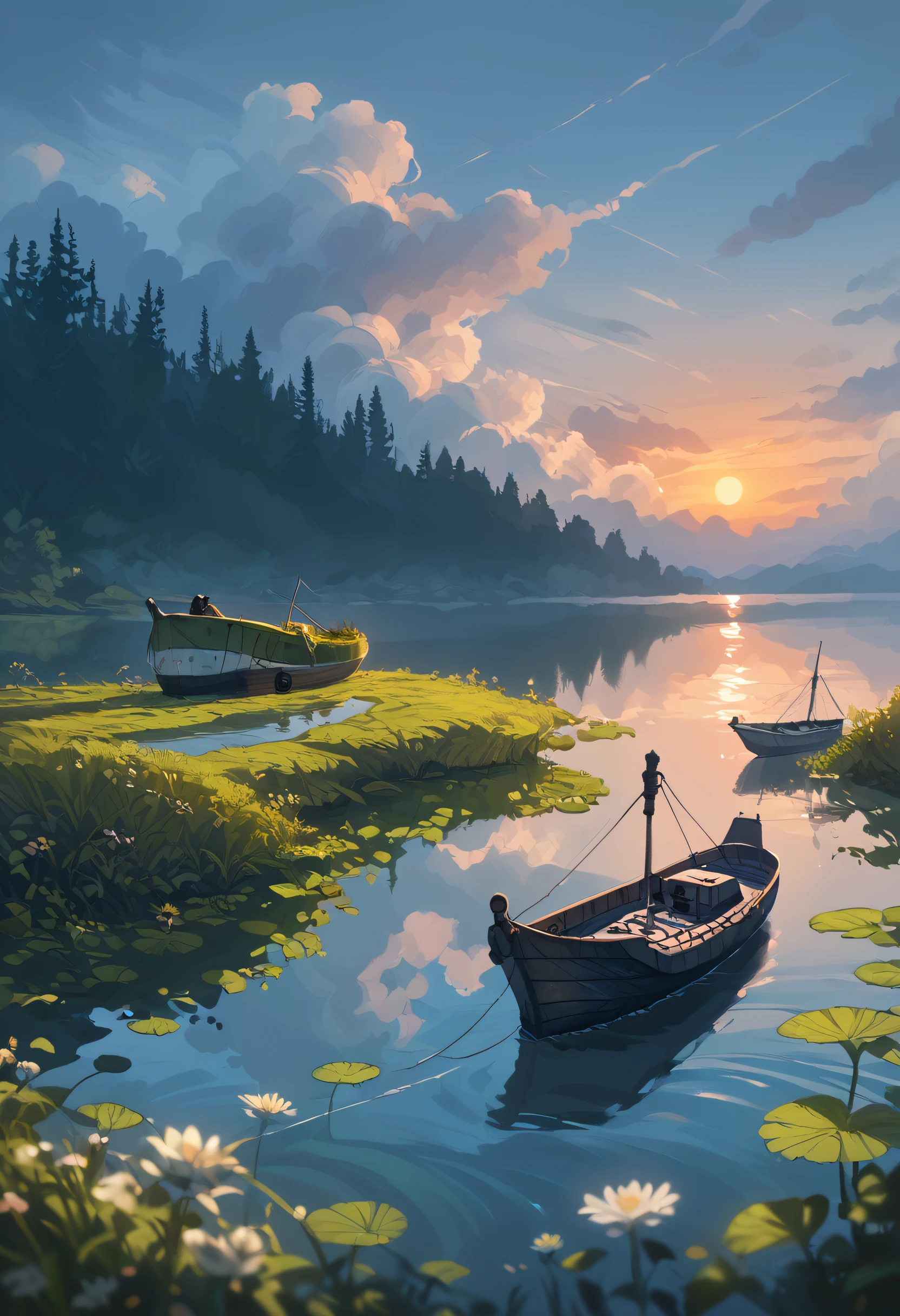 score_9, score_8_up, score_7_up, BREAK scenery, detailed background, ( Calm spring night landscape), amongst lush greenery, beautiful view, creeping phlox in full bloom, creeping phlox, early morning, sunrise sky, beautiful clouds, dappled sunlight, outdoor seating, one lamp, Tranquil Lake, Boat on a Lake, depth of field, masterpiece, best quality, ultra-detailed, very aesthetic, illustration, perfect composition, intricate details, absurdres, moody lighting, wisps of light, no humans