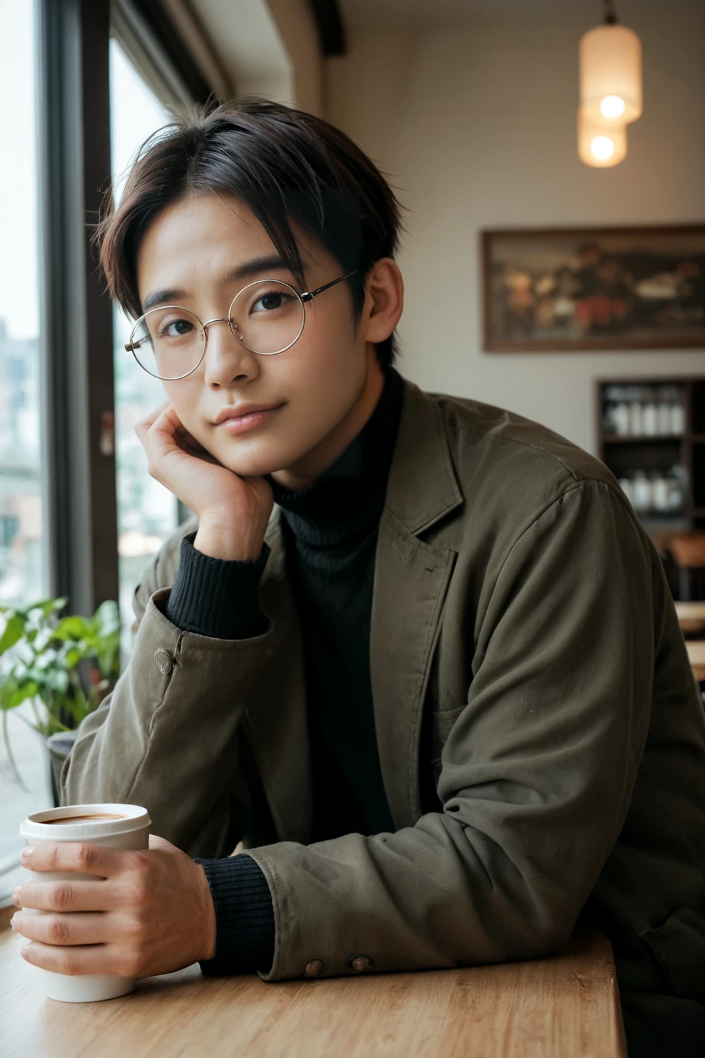 photo,flash amateur photography,indoor,jacket,sunlight,<lora:aboy2:0.7> abois,asian,looking at viewer,round glasses,cafe,coffee,realistic,solo,highres,1boy,score_9, score_8_up, score_7_up, score_6_up,short hair,solo,turtleneck sweater,brown hair,parted bangs,