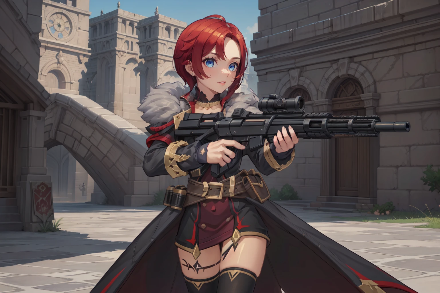 (masterpiece, best quality, beautiful and aesthetic:1.3),
rom_tyrant, 1girl, solo, short hair, fur trim, holding gun, assault rifle, cowboy shot, leg tattoo, black legwear, long dress,
shiny skin, beautiful face, beautiful eyes, extreme detailed, official art, professional illustration, hires,
<lora:rom_tyrant-10:0.7>, <lora:add_detail:0.5> <lora:9k GUN:0.3>