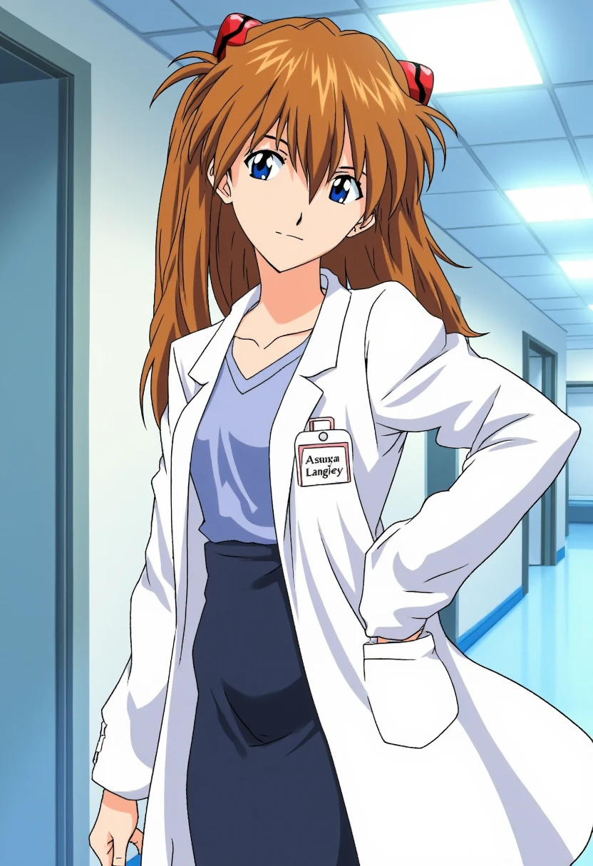 ppasuka, in doctor's lab coat, shirt and pencil skirt. She looks serious and professional.  Inside a modern hospital, she looks at the camera and shows a beautiful smile. 
 A nametag on her lab coat that writes "Asuka Langley".
<lora:asuka_1_2_flux-000005:1>, anime style, anime screenshot. Do not draw with flat color or hand draw style.