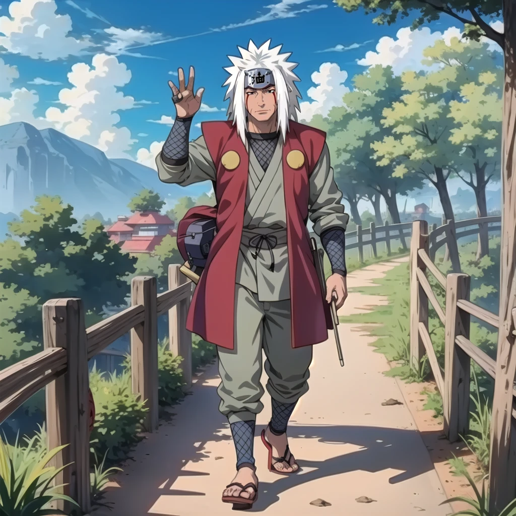 masterpiece, best quality, <lora:Jiraiya_512x512-000009_v4:0.7>,  jiraiya, 1man, walking, dirt path, trees, cloud's, blue sky, scroll