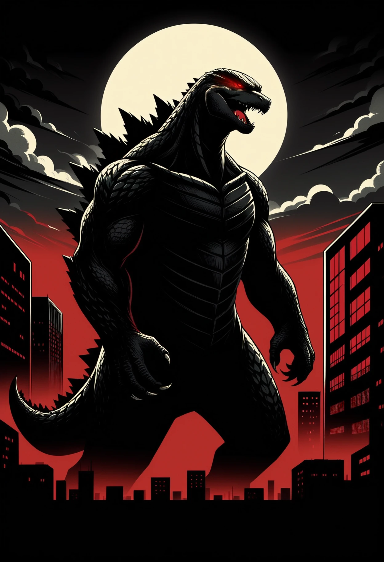 score_9, score_8_up,score_7_up, <lora:lnrnr_pdxl_EliPot_r1:1>, 
high contrast, shadow, godzilla, kaijuu, full moon, giant, city, red sky, sharp teeth, tail, red eyes, glowing eyes, building, no humans, night sky, monster, claws, open mouth, skyscraper, dark, cityscape, tokusatsu, cloud, outdoors, fangs, standing, silhouette, spikes, scales, skyline, red theme, cloudy sky, limited palette