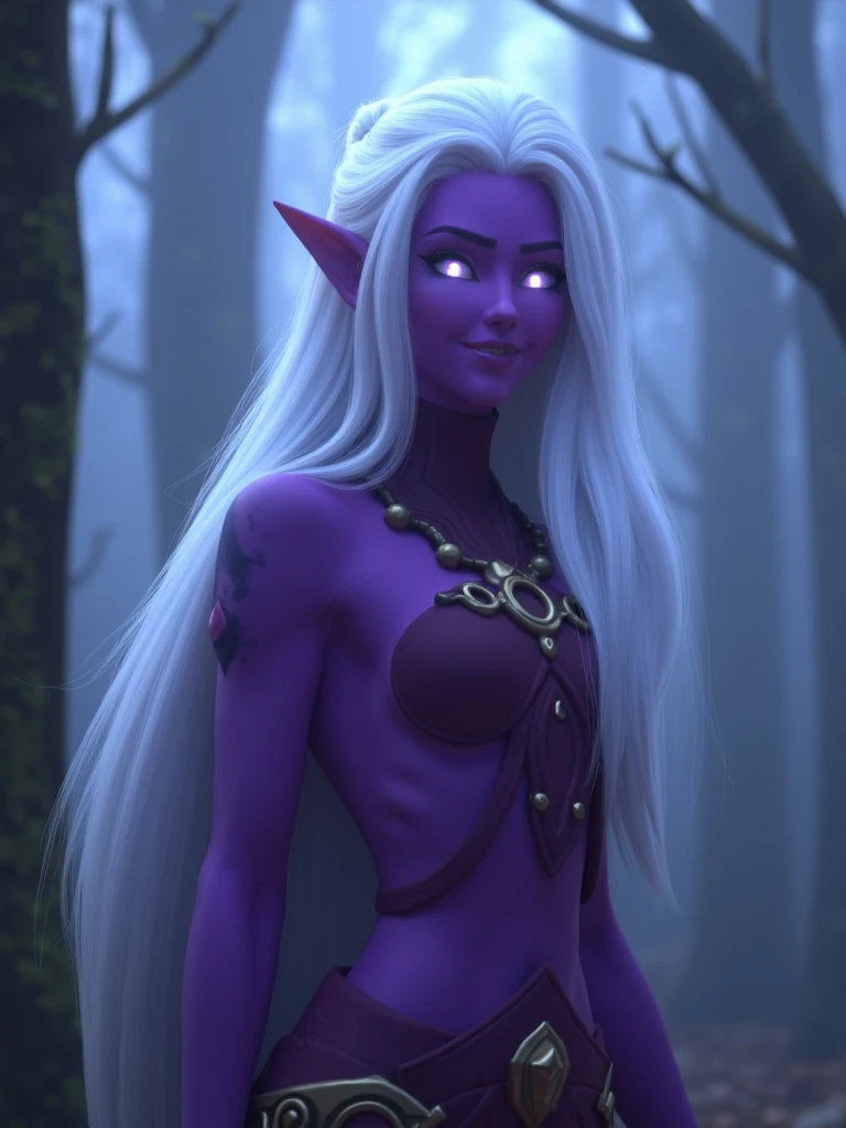 <lora:OverwatchCinematicStyle-guy90-FluxV1:1>, Overwatch Cinematic Style, of a purple skinned elf woman with long white hair and glowing eyes. She is in a forest looking for her prey