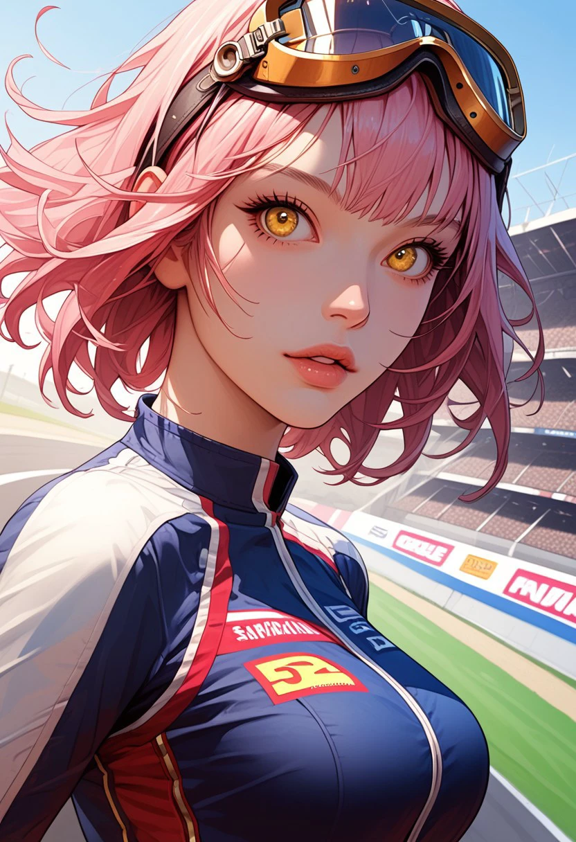 1girl, pink hair, short hair, and vintage-style goggles resting on head, googles not over the eyes. bright yellow eyes, oval face, pale skin, slim body, short high, full lips, medium breast, detailed background, 
,outdoor, sportscar racing track, carracing, jeans, shirt, celebrating, joyous, parted lips, cowboy shot, dutch angle, looking at viewer,