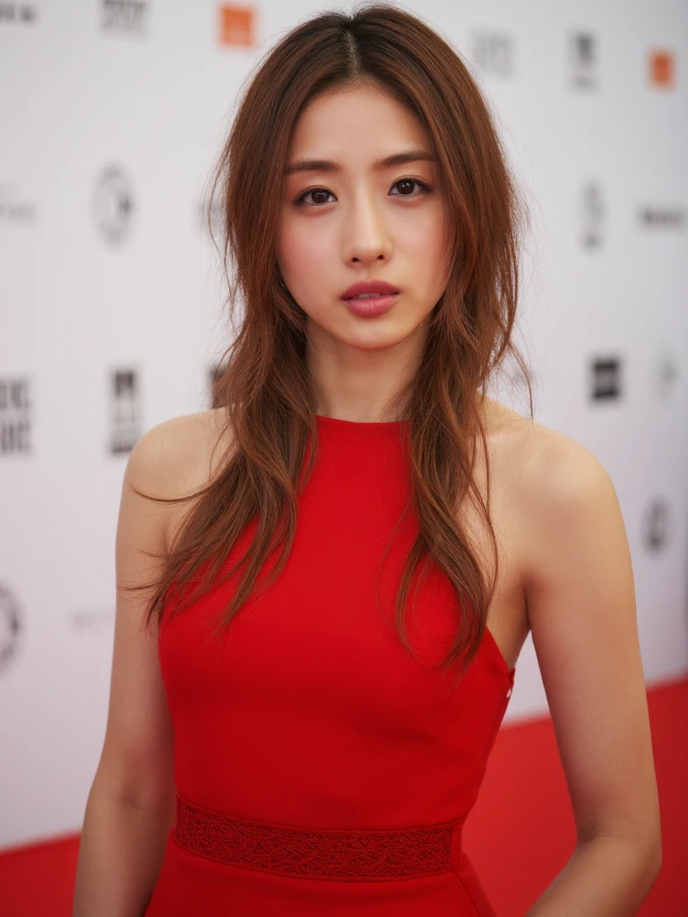 A very detailed portrait of satish woman with medium sized breasts. She has elegantly braided brown hair and is standing on a red carpet with a white press background with text and logos on it. She is posing for the camera. The woman is wearing an ellegant red lace-trimmed cocktaill dress with 