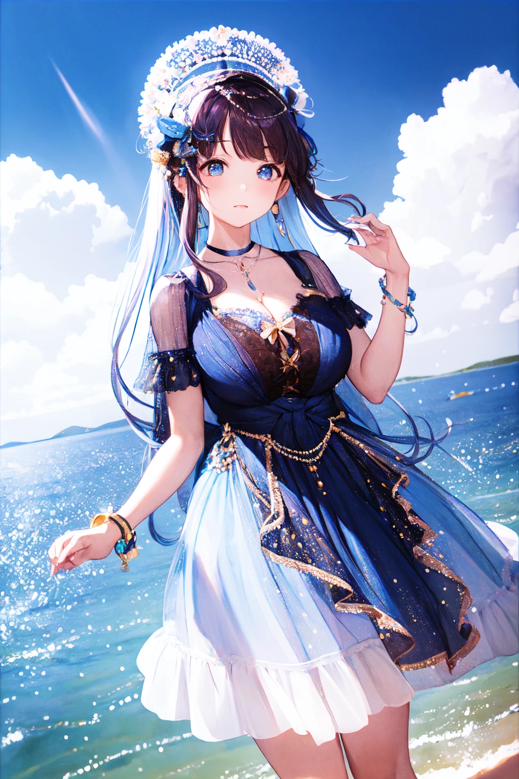 (masterpiece, best quality:1.2),illustration,8k,hd,huge filesize,1 girl,very long hair,solo,cldqz,dress,blue dress,hair ornament,bracelet,jewelry,choker,bracelet,bow,necklace,(blue hair:1.1),big breasts,cleavage,bouncing breasts,(day:1.5),lake,arm down,extremely detailed dress,sky,