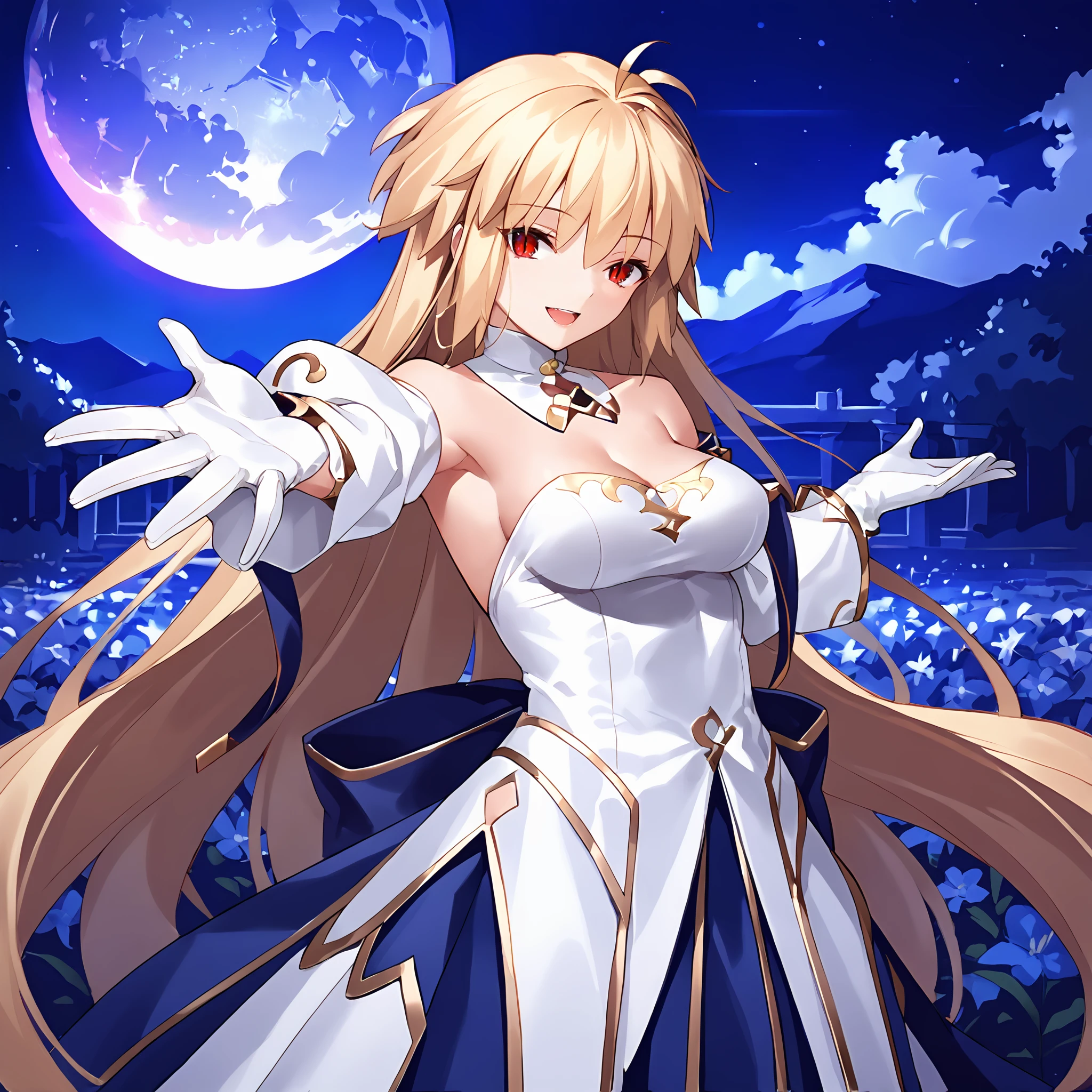 1girl, solo, (arc_1:1.2), long hair, red eyes, (slit pupils:1.1), very long hair, antenna hair, bangs, hair intakes,  dress, detached sleeves, breasts, gloves, blonde hair, bare shoulders, blonde hair, cleavage, detached collar, white gloves, strapless dress, white dress,  blue skirt, gold trim, flower field, full moon, night, night sky, smile, looking at viewer, standing, outstretched arms, palms, facing viewer,  good hands, 
score_9, score_8_up, score_7_up, masterpiece,
<lora:Archetype_Earth:0.8>