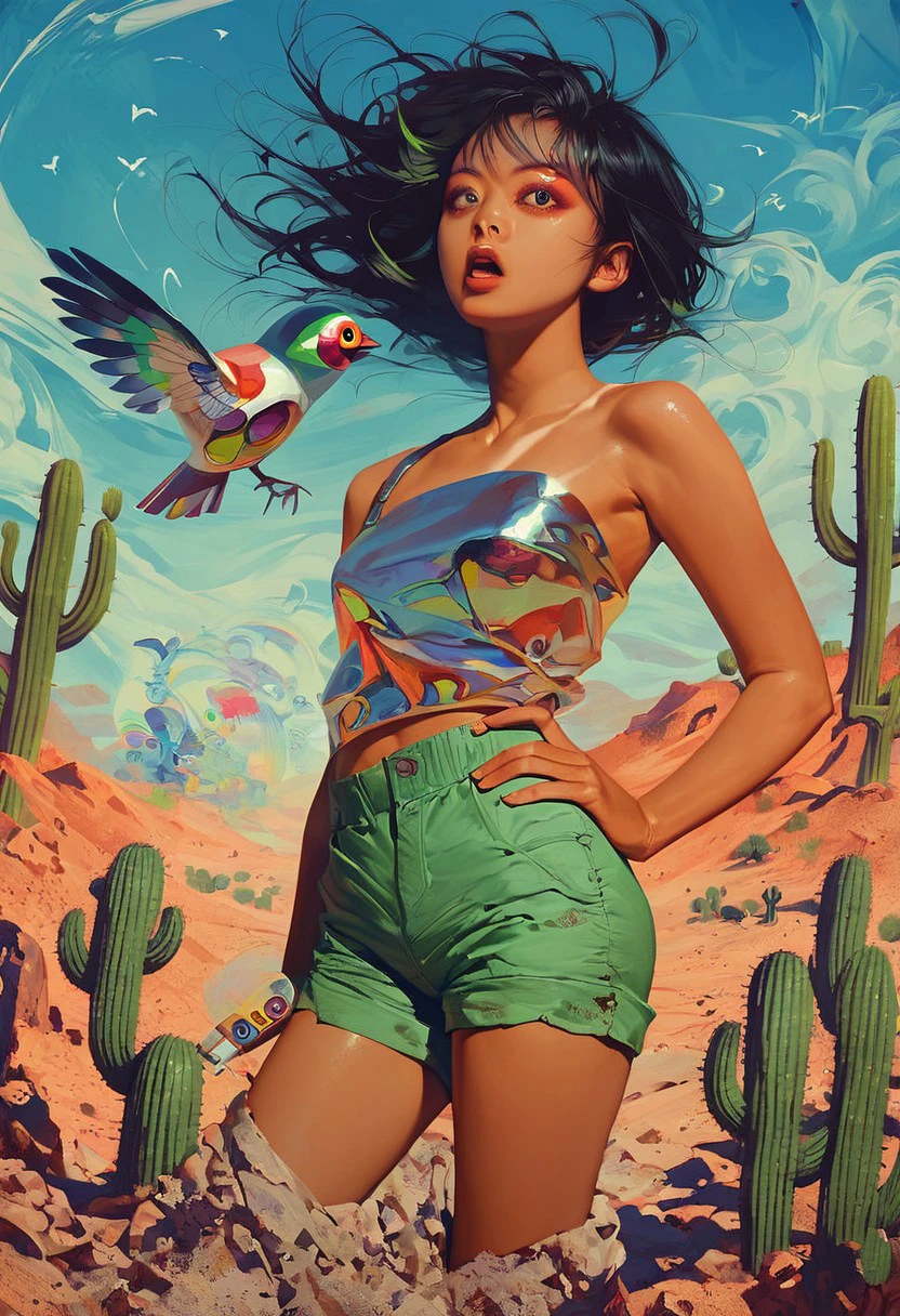 score_9, score_8,up, score_7_up, score_6, 1girl, adult, open eyes, open mouth, abstract, green shorts, tan skin, asian, standing, hand on hip, desert, surreal background, painting by Hajime Sorayama, BALLPOINT PEN PAINTING, black hair, shiny hair, noon, blue sky, she is posing near a small bird, animal, makeup, cactus, plants, leaves, trees, chrome sphere planet in atmosphere, surreal, trippy, her eyes are fractal rainbow shapes,