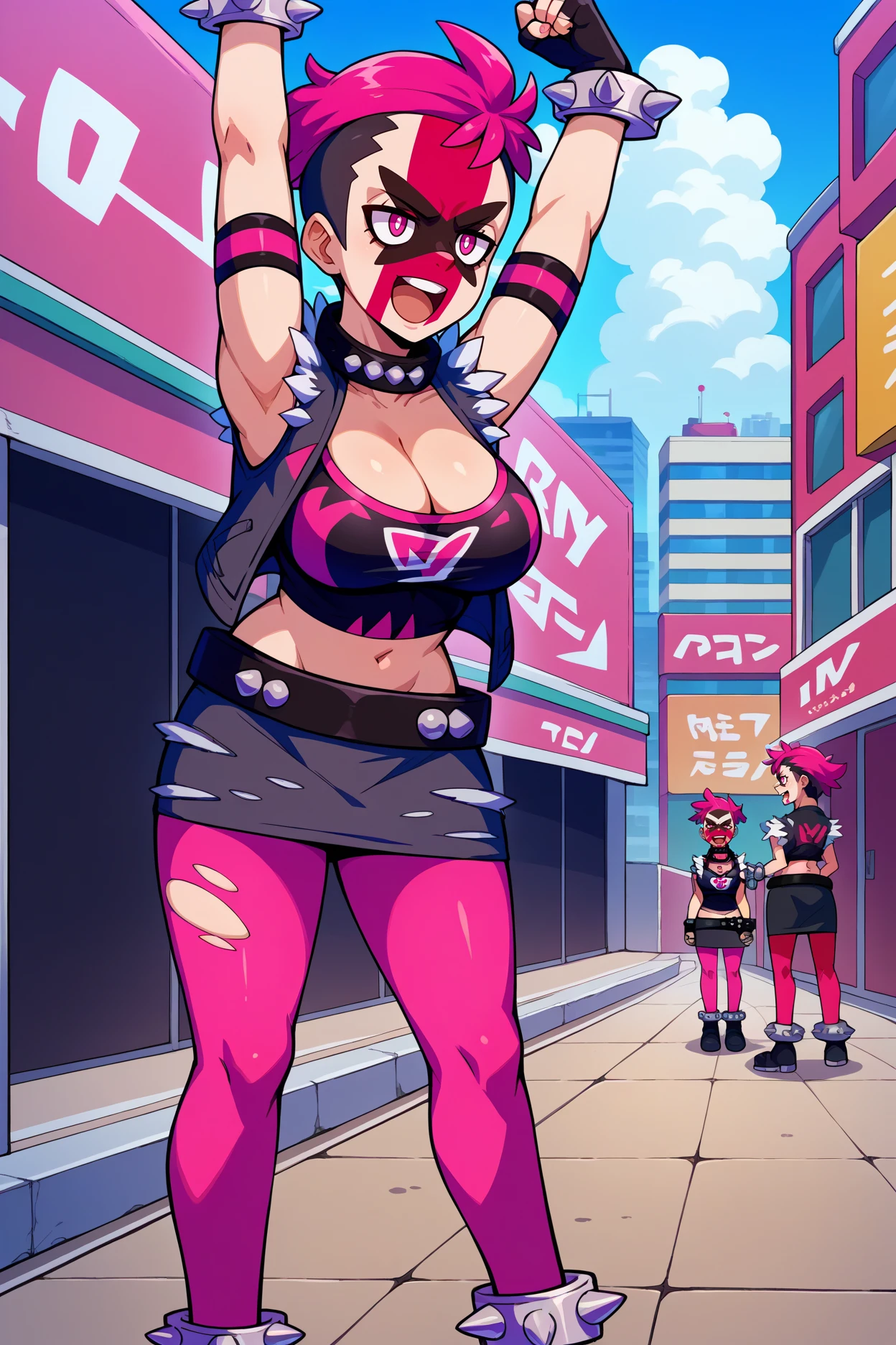 score_9, score_8_up, score_7_up, score_6_up, source_anime, 1girl, solo, <lora:pmtyg-pdxl-nvwls-v1-000005:1> pmtyg, pink hair, short hair, pink eyes, facepaint, armband, collar, black vest, black crop top, cleavage, fingerless gloves, torn clothes, spiked bracelet, belt, black skirt, pink pantyhose, black boots, large breasts, full body, open mouth, happy, arms up, city, blue sky, clenched hands, standing