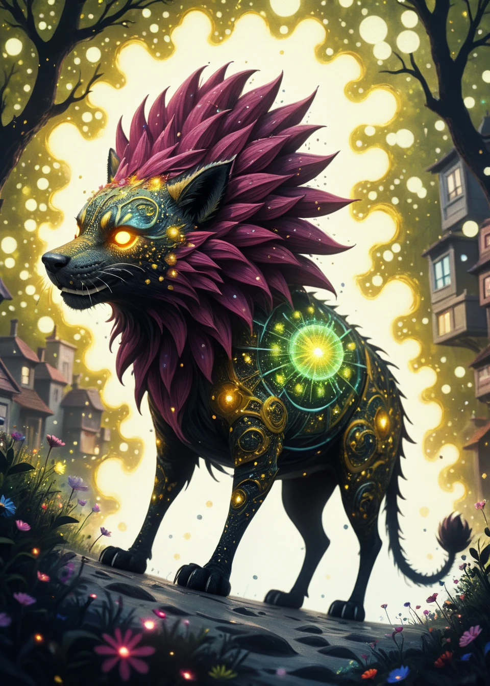 xslx, A dramatic, layered papercut art piece depicts a fantastical furry creature in a scene infused with dynamic angles and fractal art. The creature, a hybrid of a skinwalker and a kongamato, stands poised, its lion-like features and heavy metallic makeup highlighted by the deep textures and volumetric effects that bring the scene to life. with floating particles, highly detailed, Meandering, soft lighting, Olive <lora:fx-01:1>