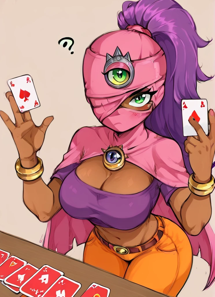 score_9, score_8_up, score_7_up,  bstara,  Third Eye, purple hair, ponytail, dark skin, dark-skinned female, mask, one-eyed, cape, bracelet, crop top, purple shirt, orange pants, 1girl, solo, long hair, breasts, large breasts, jewelry, green eyes, card, <lora:bstara:1> <lora:Aer0Zer0_Artist_Style:1> , blush  , blush stickers,  confused,  looking at viewer, behind table