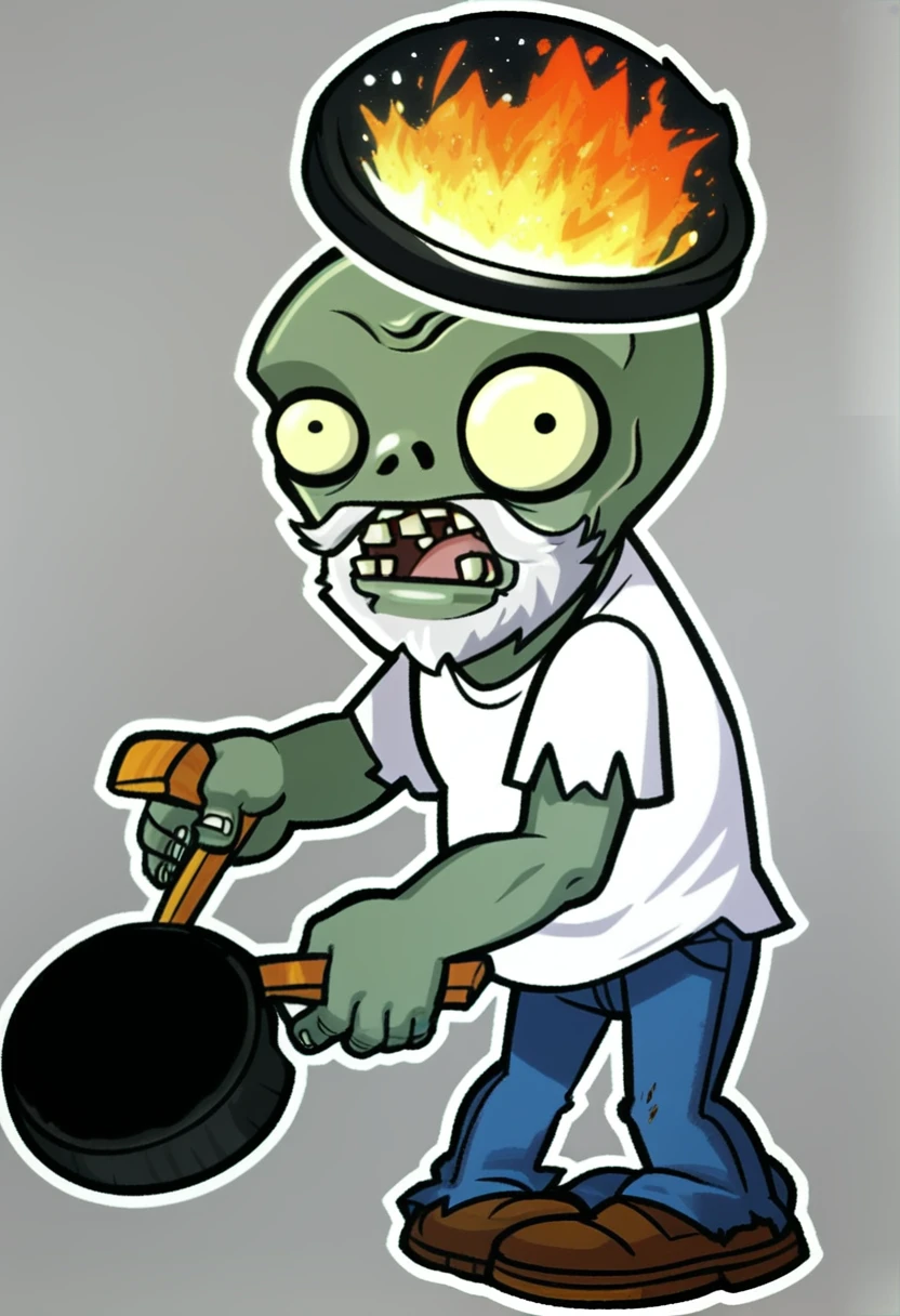 mikus-zombie, white beard, white t-shirt, jeans, frying pan on head, 1boy, solo,