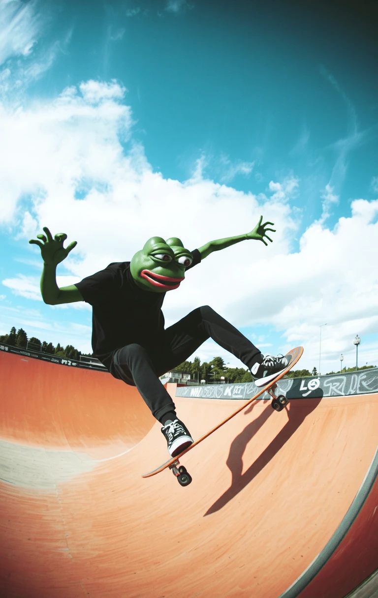 pepe skateboarding doing a trick off of a half pipe ramp