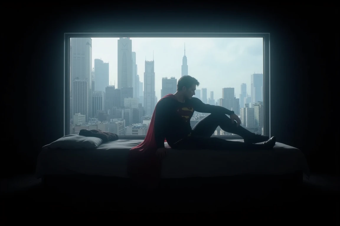 superman sitting on a bed by the koukaku window, knee up, look out the window, cityscape, dark room