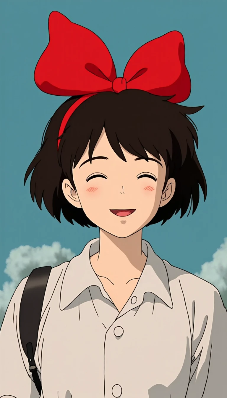 A hapy woman with a big red bow on her head
