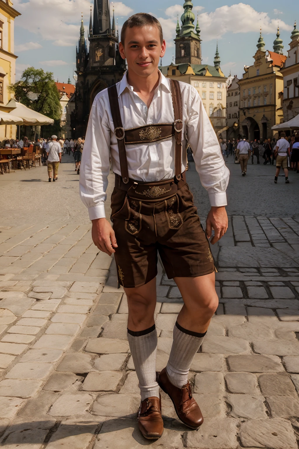 Prague Old Town Square, cobblestone plaza, Czech festival, (medieval architecture), smiling, dancing, IvanBartok, wearing l3denh0sen, suspenders, shorts, socks, shoes, (((full body portrait))), wide angle   <lora:IvanBartok:0.85>   <lora:Clothing - Sexy Ledenhosen:0.65>