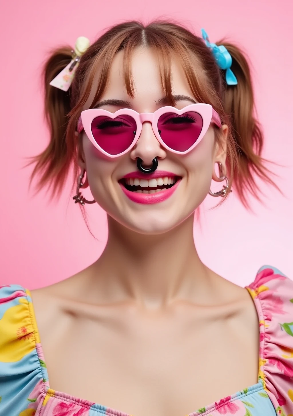 A vibrant and cheerful portrait of a young woman with fair skin and light brown hair styled in playful pigtails with colorful hair ties and clips. She has a large black ChunkySeptum ring in her septum. She is wearing heart-shaped, pink-tinted sunglasses that match the soft pink background. Her expression is joyful, with a wide smile that shows off her bright pink lipstick. She is dressed in a colorful, retro-style blouse with a floral pattern, featuring pastel shades of pink, yellow, and blue. The lighting is soft, enhancing the overall playful and nostalgic atmosphere of the image.

