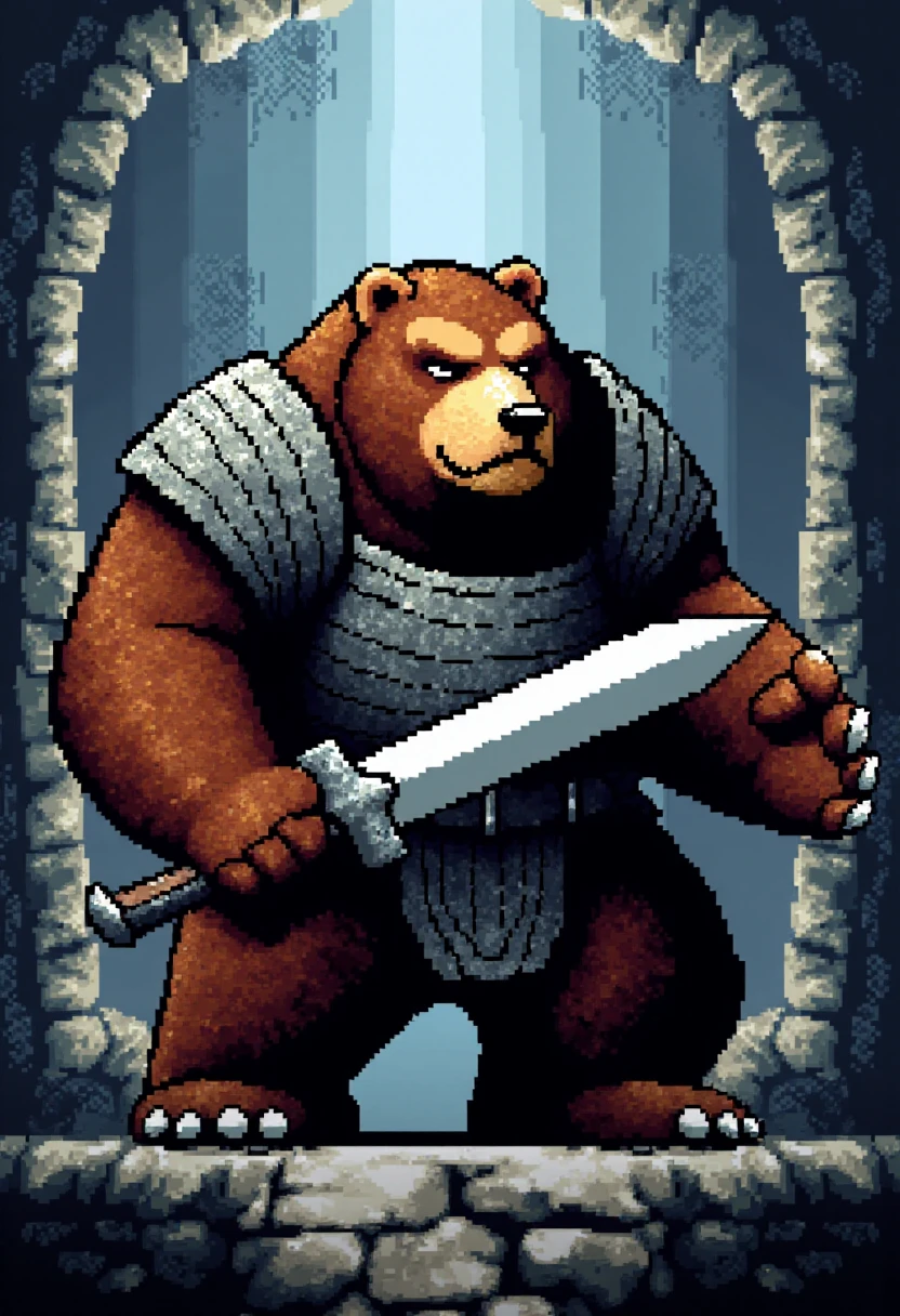 <NOTE: Turn down the strength of the model to 1.1 - 1.3 before using this example to remix!>
yoshislestyle, pixel art style, a large grizzly bear knight with heavy armor wielding a greatsword in a castle.    <lora:Yoshis_Island_Style_F1D:1.8>