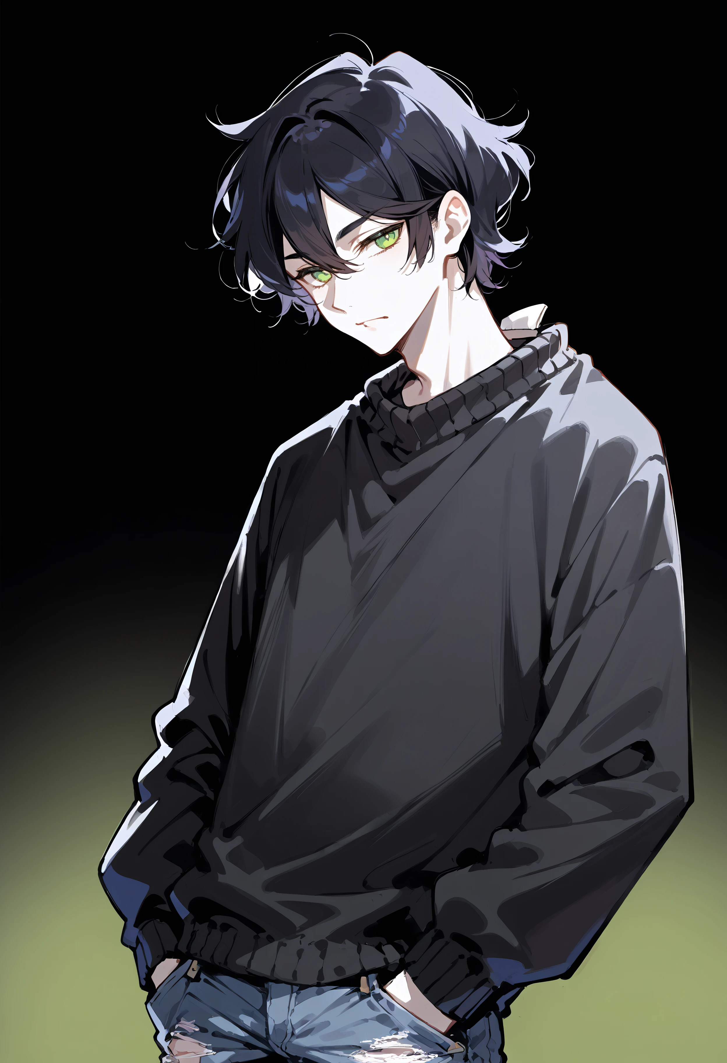 score_9, score_8_up, score_7_up, best quality, source_anime BREAK, Andrew Graves, 1boy, black hair, short hair, green eyes, black sweater, denim, ripped jeans, <lora:AndrewGraves:1>, solo, boarder, green background, black background,