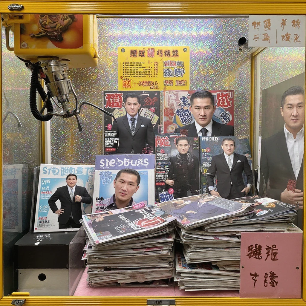 Claw machine filled with an array of glossy men's fashion and lifestyle magazines. Each cover features a distinguished gentleman in a sharp, tailored suit. The magazines are arranged in various orientations, creating a collage of dapper male figures. Cover models strike confident poses, some smiling charismatically, others with more serious, brooding expressions. Suit styles range from classic black and navy to more adventurous patterns and colors, showcasing diverse fashion trends. Magazine titles vary, using bold, stylish fonts that pop against the sleek cover designs. Some covers include teasers for articles on style tips, career advice, and lifestyle features. The glossy pages catch and reflect the machine's interior lighting, adding a luxurious sheen to the display. Magazines are stacked and scattered throughout the machine, some open to reveal glimpses of high-quality fashion spreads inside. The metal claw hangs above, ready to navigate this sea of suave sophistication. "男士時尚" (Men's Fashion) is prominently displayed on the machine's glass in elegant Chinese characters, with "Men's Style" written below in a sleek, modern English font. The overall effect transforms the claw machine into a unique newsstand featuring curated men's lifestyle publications.