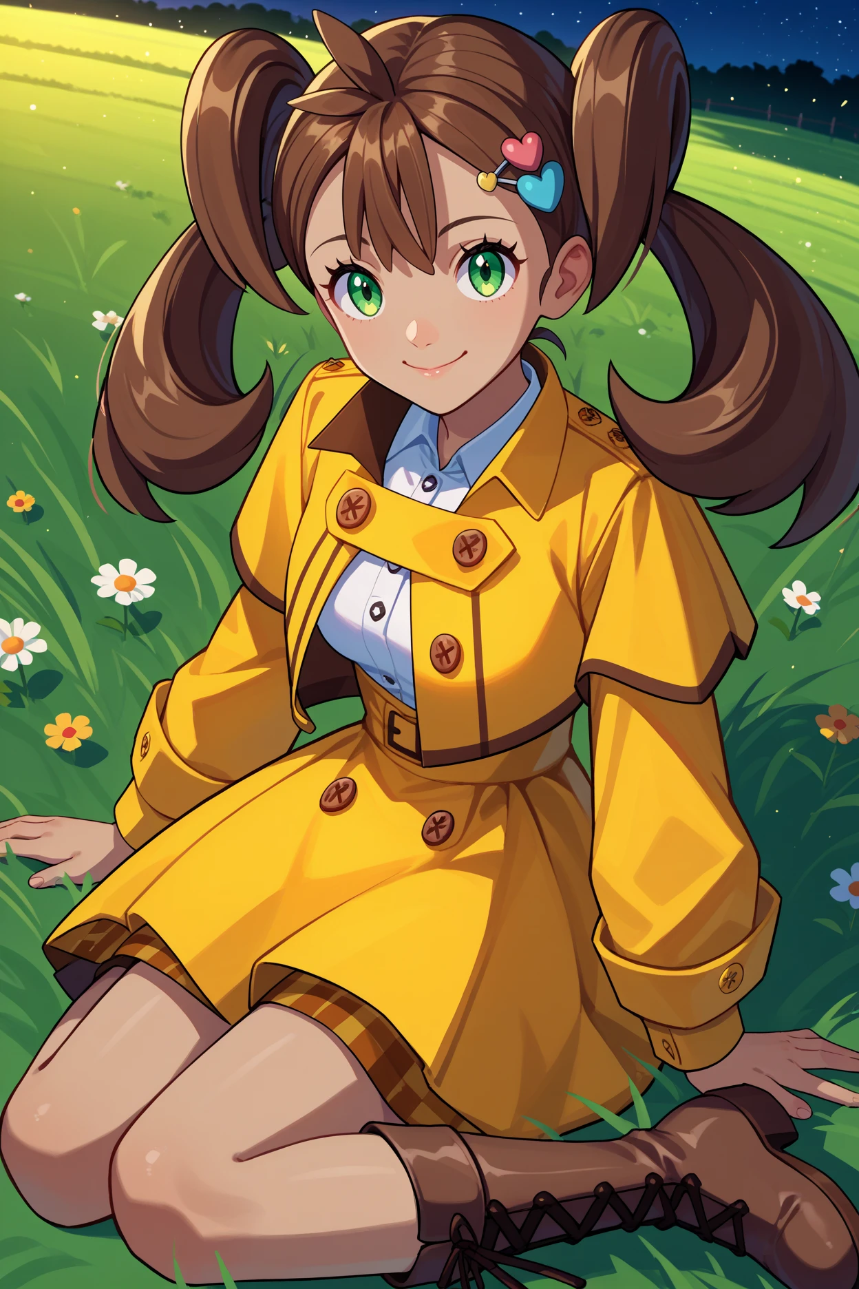 score_9, score_8_up, score_7_up, score_6_up, source_anime, 1girl, solo, <lora:pkmnshauna-pdxl-nvwls-v1-000005:1> scSana, dark-skinned female, twintails, brown hair, long hair, green eyes, hair ornament, yellow jacket, collared shirt, long sleeves, yellow skirt, buttons, brown boots, cross-laced boots, sitting, looking at you, field, night, closed eyes, smile, closed mouth, happy, sitting on the ground, medium breasts