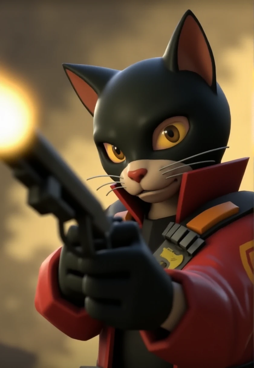 tf2style, a cat wearing a mask aiming a pistol at the viewer.   