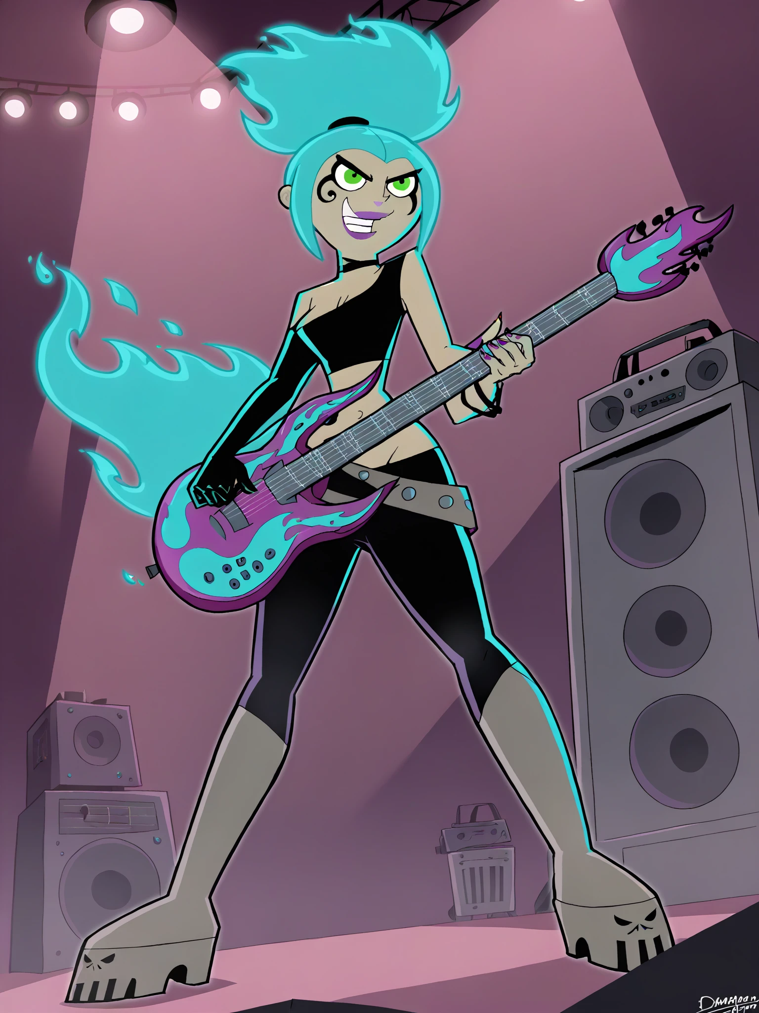 score_9, score_8_up, score_7_up, score_6_up, score_5_up, source_anime,
Ember, 1girl, instrument, guitar, boots, solo, from_below, green_eyes, electric_guitar, breasts, pants, gloves, neon_lights, smile, knee_boots, single_glove, speaker, stage_lights, medium_breasts, black_pants, midriff, holding_instrument, fire, crop_top, holding, choker, amplifier, bare_shoulders, elbow_gloves, standing, bracelet, stage, makeup, jewelry, blue_hair, blue_fire, cleavage, purple_lips, teeth, lace-up_boots, short_hair, cross-laced_footwear, lipstick, glowing, tank_top, aqua_hair, playing_instrument, black_gloves, looking_at_viewer, asymmetrical_gloves, belt, music, single_elbow_glove, nail_polish, bass_guitar, grin, plectrum, full_body, black_choker
 <lora:Ember_Mcclane:1> <lora:Danny_Phantom_(Style):.75>