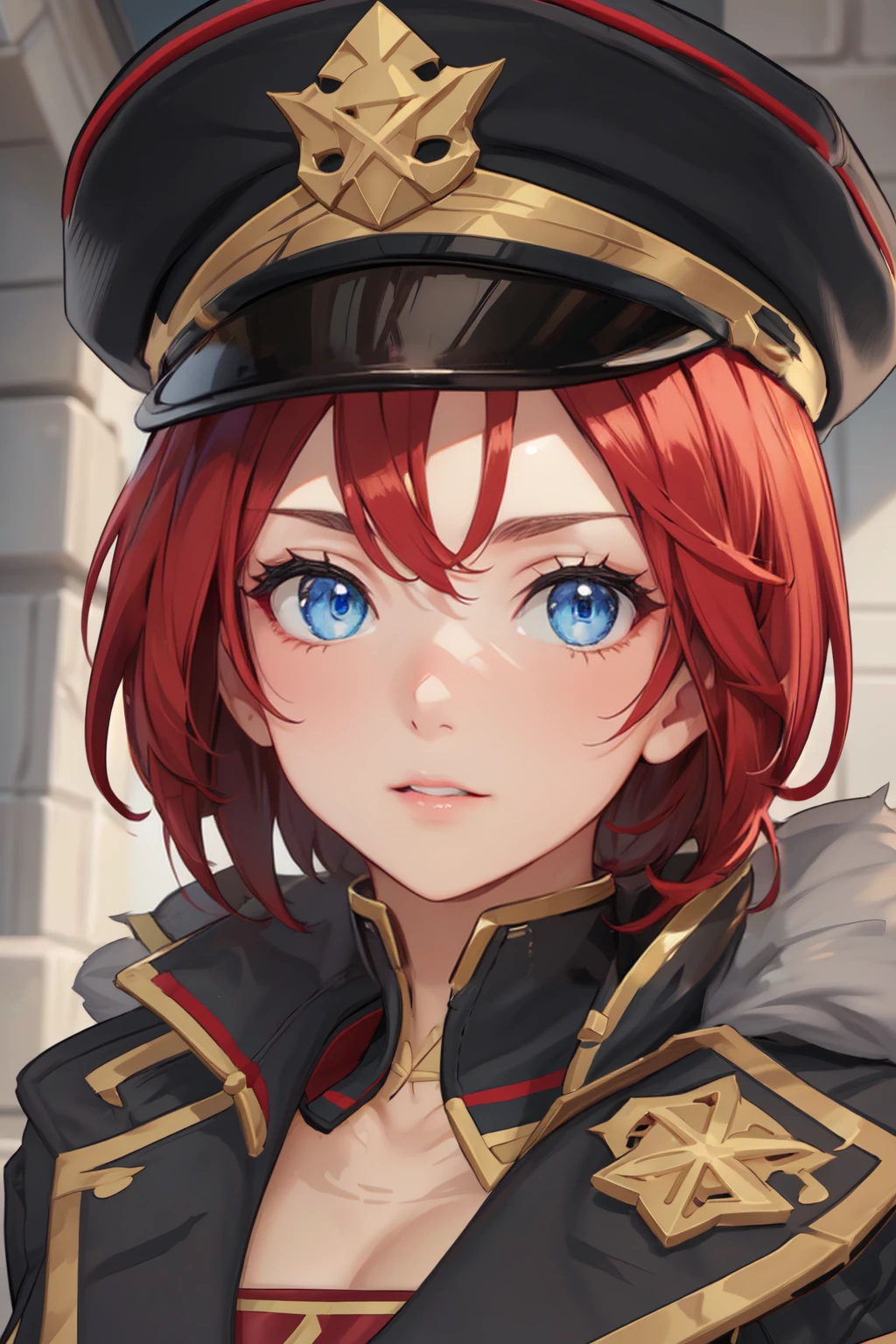 (masterpiece, best quality, beautiful and aesthetic:1.3),
rom_tyrant, 1girl, solo, portrait, close up, short hair, police cap, fur trim, looking at viewer, 
shiny skin, beautiful face, beautiful eyes, extreme detailed, official art, professional illustration, hires,
<lora:rom_tyrant-08:0.9>, <lora:add_detail:0.5>