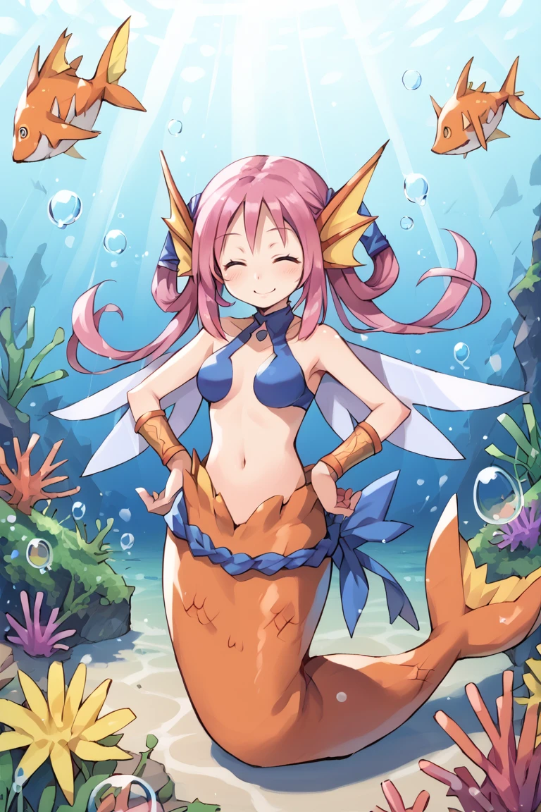 score_9, score_8_up, score_7_up, score_6_up, source_anime, BREAK, <lora:Nietzsche:0.9> , niedef, medium breasts, 1girl, hair rings, pink hair, long hair, sidelocks, purple eyes, monster girl, mermaid, kneeless mermaid, fins, head fins, mermaid tail, orange scales, wings, usekh collar, bracer, jewelry, navel, halterneck, bridgeless bra, bikini top only, blue shimenawa, hands on hips, floating hair, solo, cowboy shot, smile, happy, cheering, arms up, closed eyes, floating,  looking at viewer,  coral, <lora:backgroundsetXL:0.3> , background,    <lora:Underwater:0.6> , Underwat3r, Underwater, submerged, ocean, bubbles, sunlight, god rays, <lora:MeyekePonyXL:0.6>